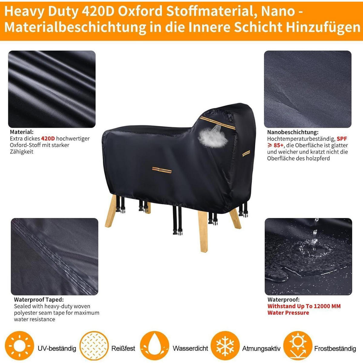 ABDECKUNG Holzpferd 160 x 110 x 70 cm Wasserdicht UV-Beständig - Schwarz, Textil (70/110/160cm)