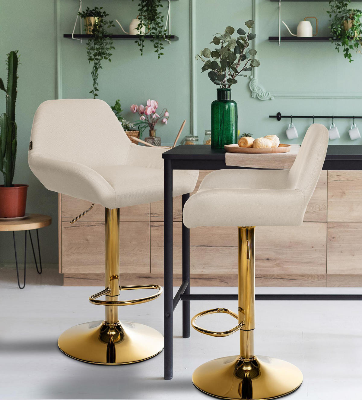 BARHOCKER 2er Set Prag Gold Stoff creme - Goldfarben/Creme, Textil/Metall (51/109/52cm) - TPFLiving