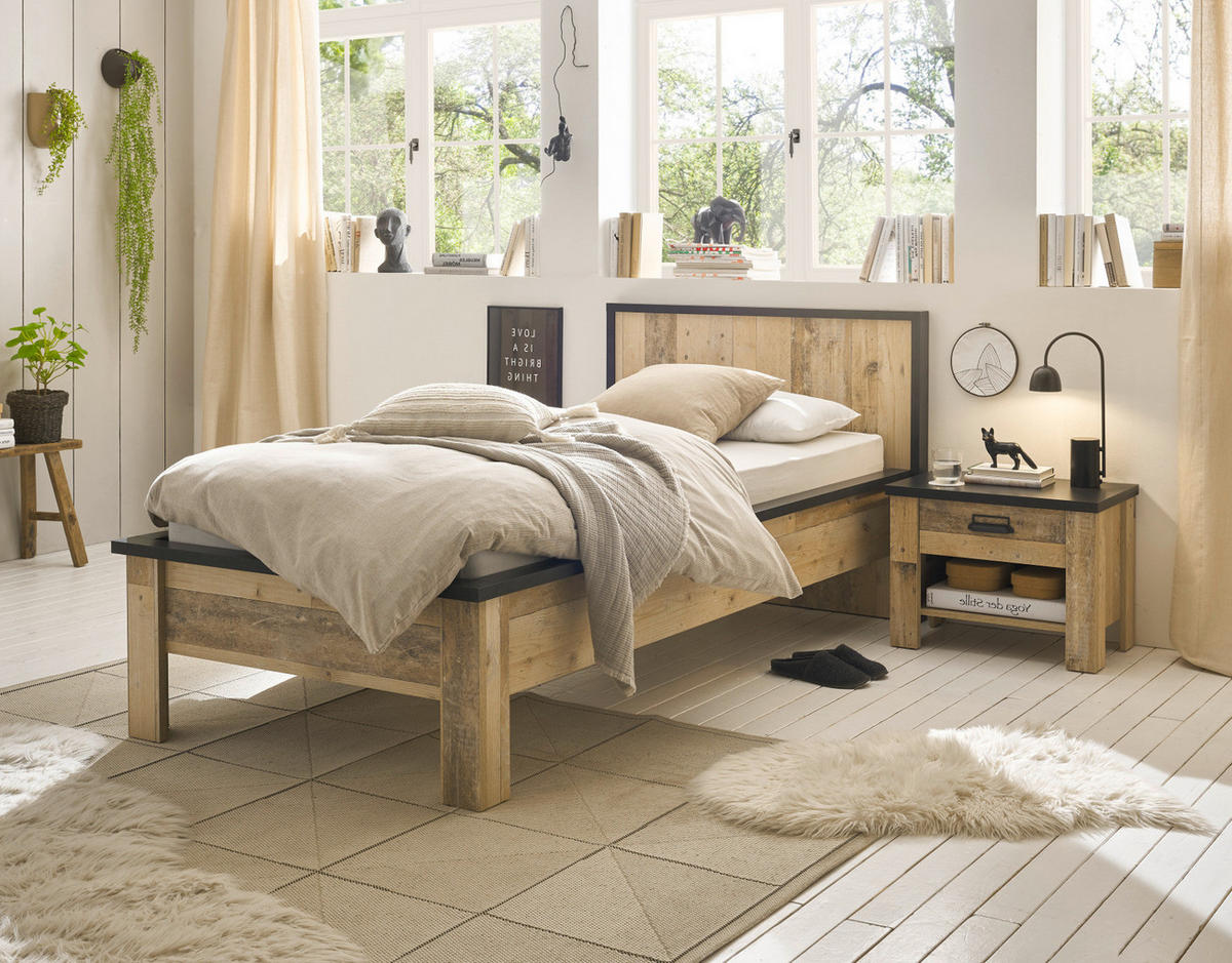 BETT Used Wood hell, dunkles Grau, Einzelbett Liegefläche 90 x 200 cm - Dunkelgrau/Naturfarben, Holzwerkstoff/Metall (90/200cm) - Furn.Design