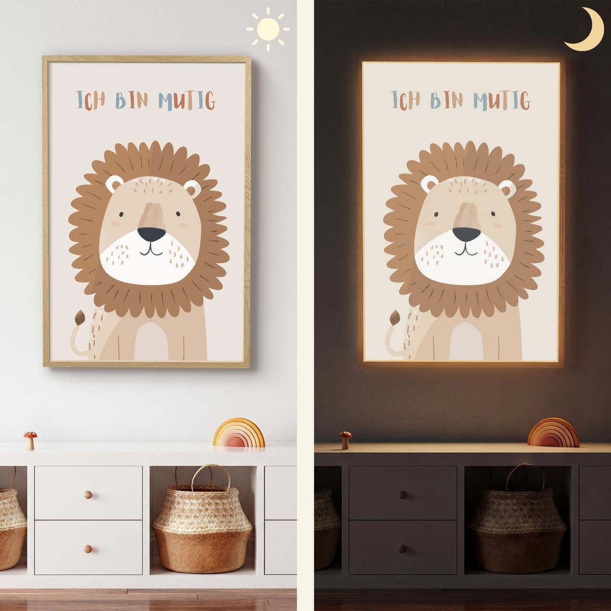 WANDLEUCHTE MIT AKKU Löwe - Beige - Tier - Mutig - Zitat 70x100 cm - Beige, Holzwerkstoff (70/100/8cm) - OnlyWow