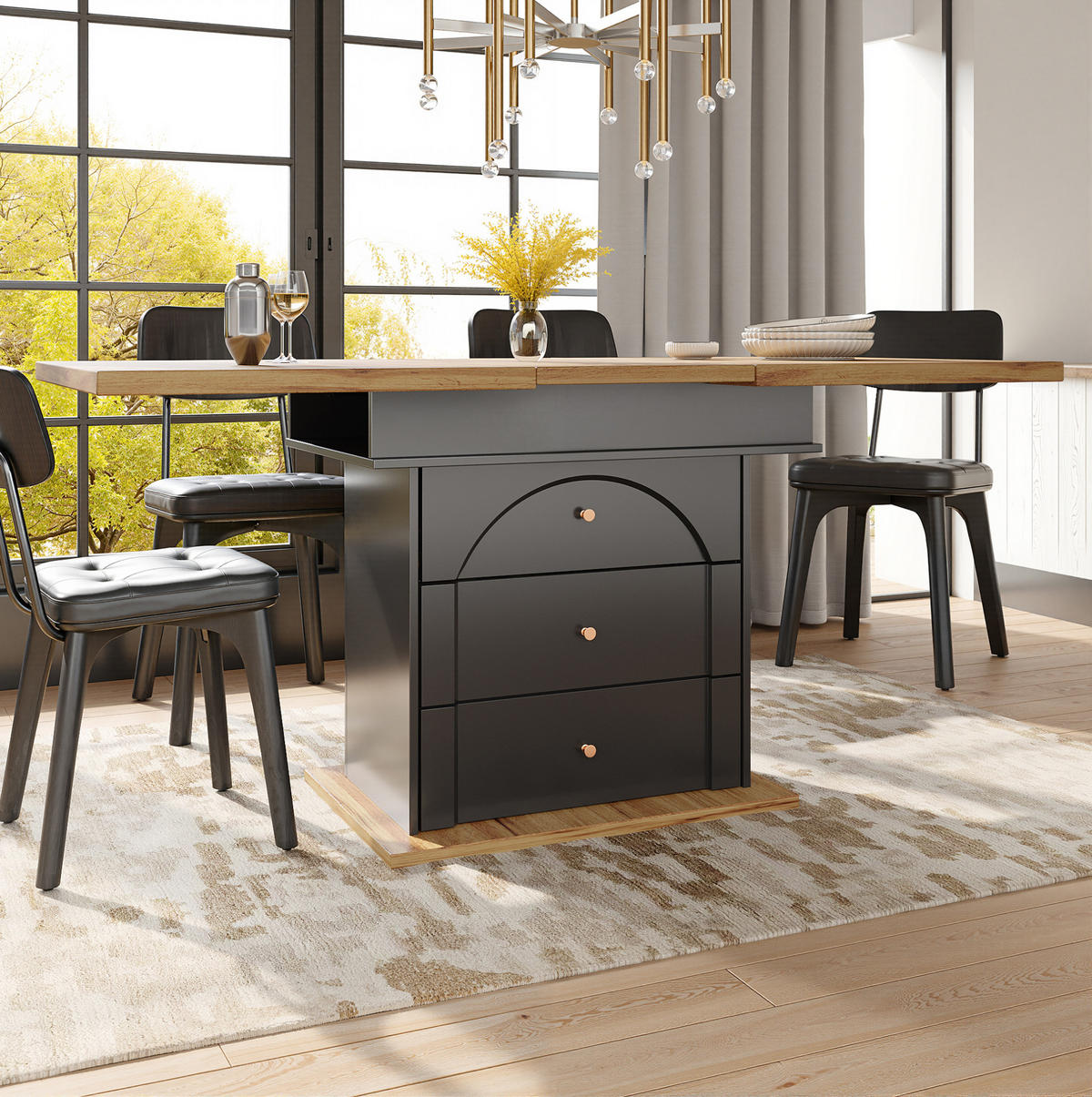 ESSTISCH Ausziehbarer aus MDF mit Stauraum & Klapptür, 110–140/80/75 cm, Schwarz/Natur - Schwarz, Holzwerkstoff (110/80/75cm) - Redom