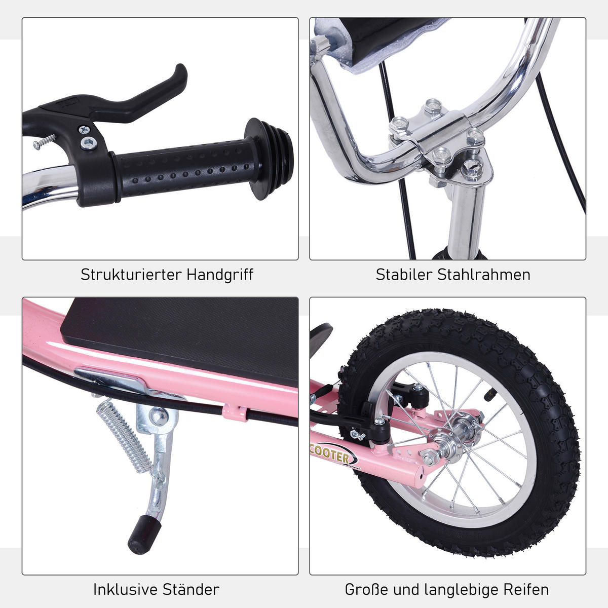 KINDERROLLER, Schwarz/Rosa, Stahl+ Gummi - Rosa, Metall (135/58/100cm) - HOMCOM