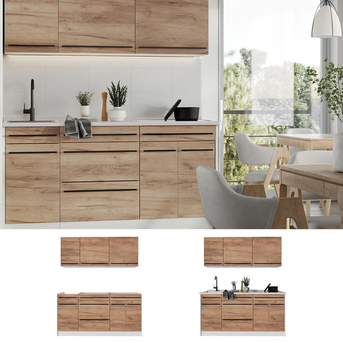 SINGLEKÜCHE R-Line, Goldkraft Eiche/Weiß, 160 cm Arbeitsplatte Marmor - Honigeiche/Weiß, Holzwerkstoff (160/81.6/60cm) - Vicco