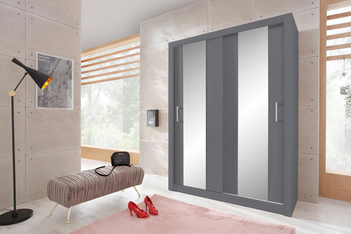 SCHWEBETÜRENSCHRANK MIRA 160/215/60cm 2-türig mit Spiegel Anthrazit - Anthrazit, Holzwerkstoff (160/215/60cm) - MASSENO