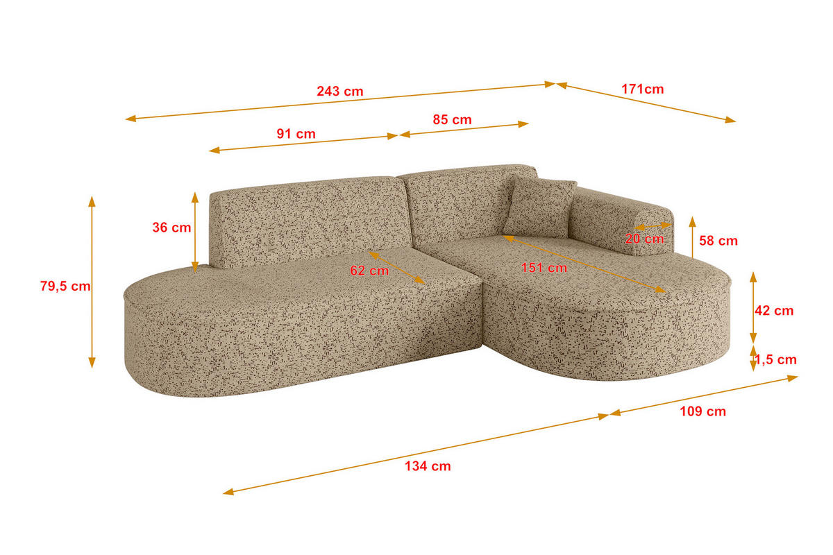 ECKSOFA Ottomane Rechts MARI-L1 - 243x171x79 cm Braun Tissu - Schwarz/Braun, Holzwerkstoff/Kunststoff (171/243cm) - ALTDECOR