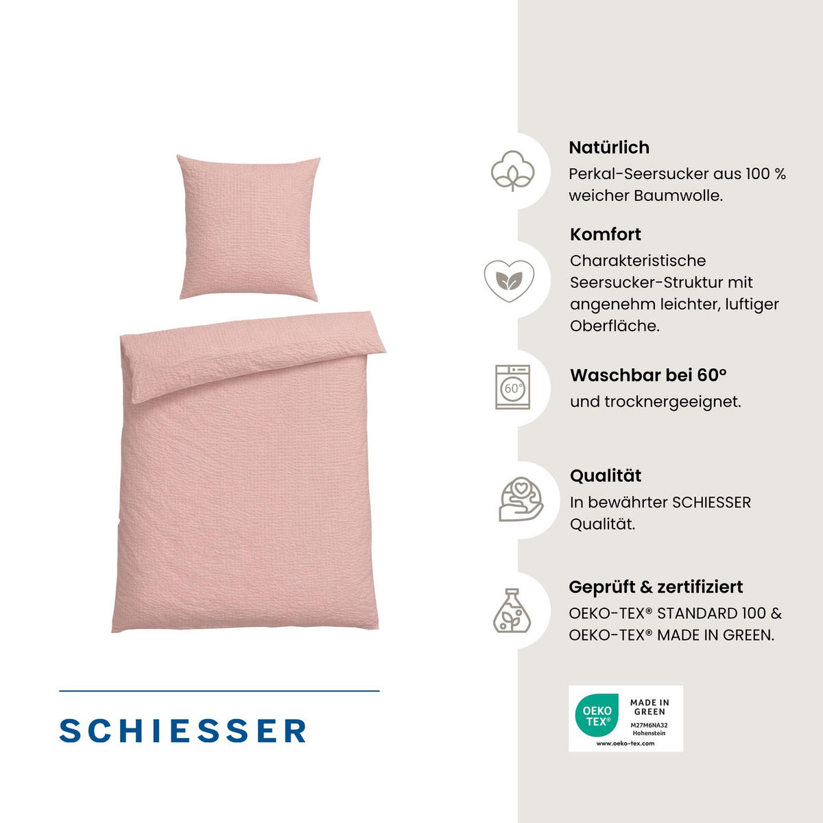 BETTWÄSCHESET Laura - Baumwoll Seersucker - 2-teilig - 135x200 cm - Hellrosa - Hellrosa, Textil (135/200cm) - SCHIESSER