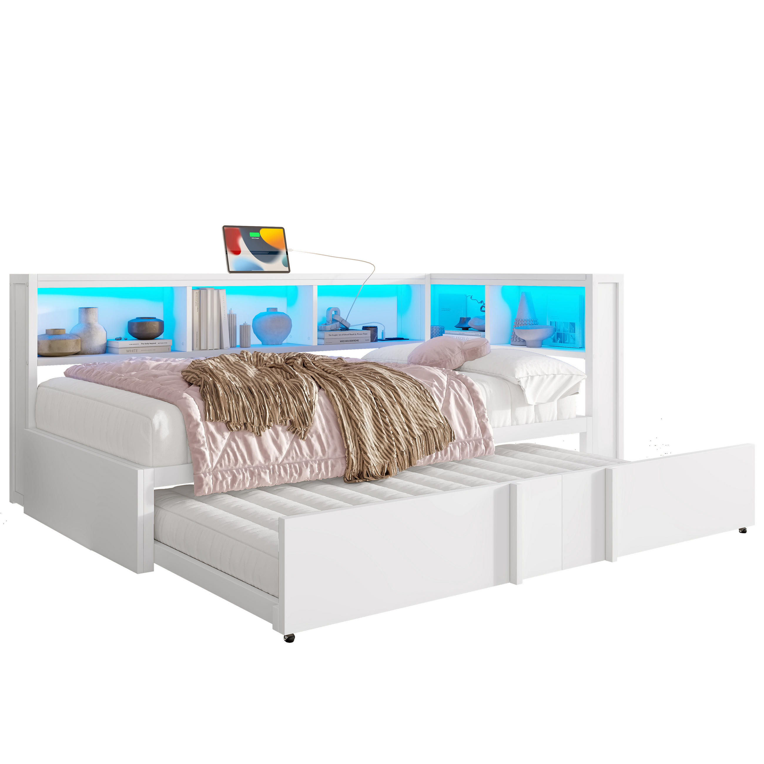 RAHMENBETT 90x200cm, Metall, Ausziehbett, Stauraum, LED, USB, Weiß - Weiß, Holzwerkstoff (90/200cm)