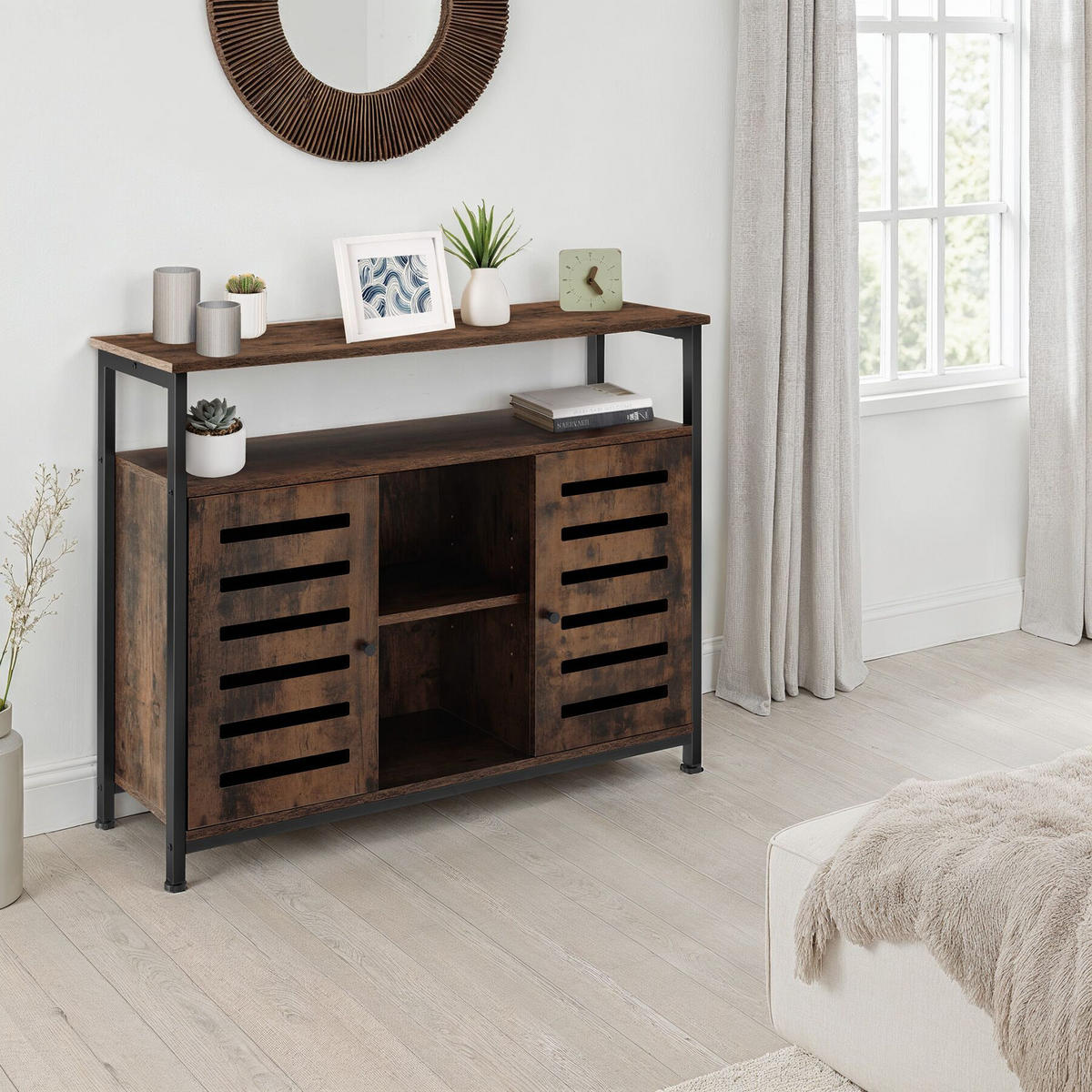 SIDEBOARD Warrington,mit höhenverstellbaren Kunststofffüßen, 100 x 37 x 82 cm,Industrial Holz dunkel, rustikal - Rostfarben, Holzwerkstoff (37/82/100cm) - tectake