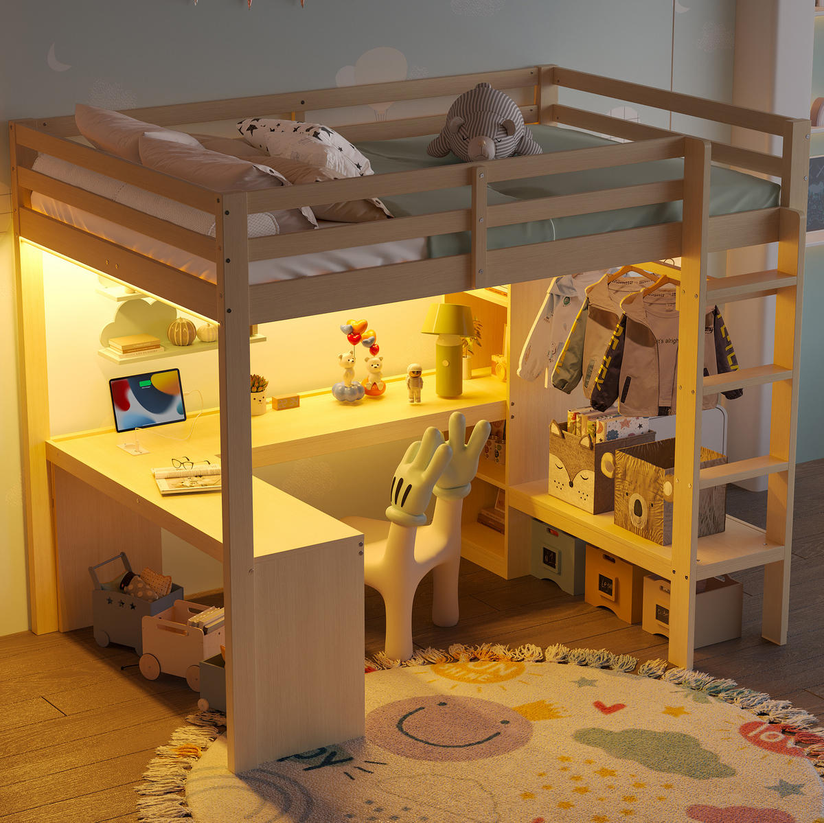 HOCHBETT 140/200 cm aus Massivholz und MDF mit Schreibtisch, LED, USB, Regalen und offenem Kleiderschrank, Natur - Naturfarben, Holzwerkstoff (140/200cm) - Redom