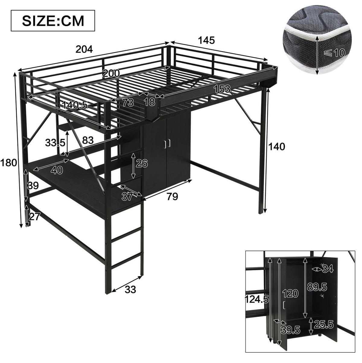 HOCHBETT aus MDF & Metall 140x200 cm in Schwarz mit Schreibtisch & Kleiderschrank - Schwarz, Holzwerkstoff (140/200cm) - Modfu