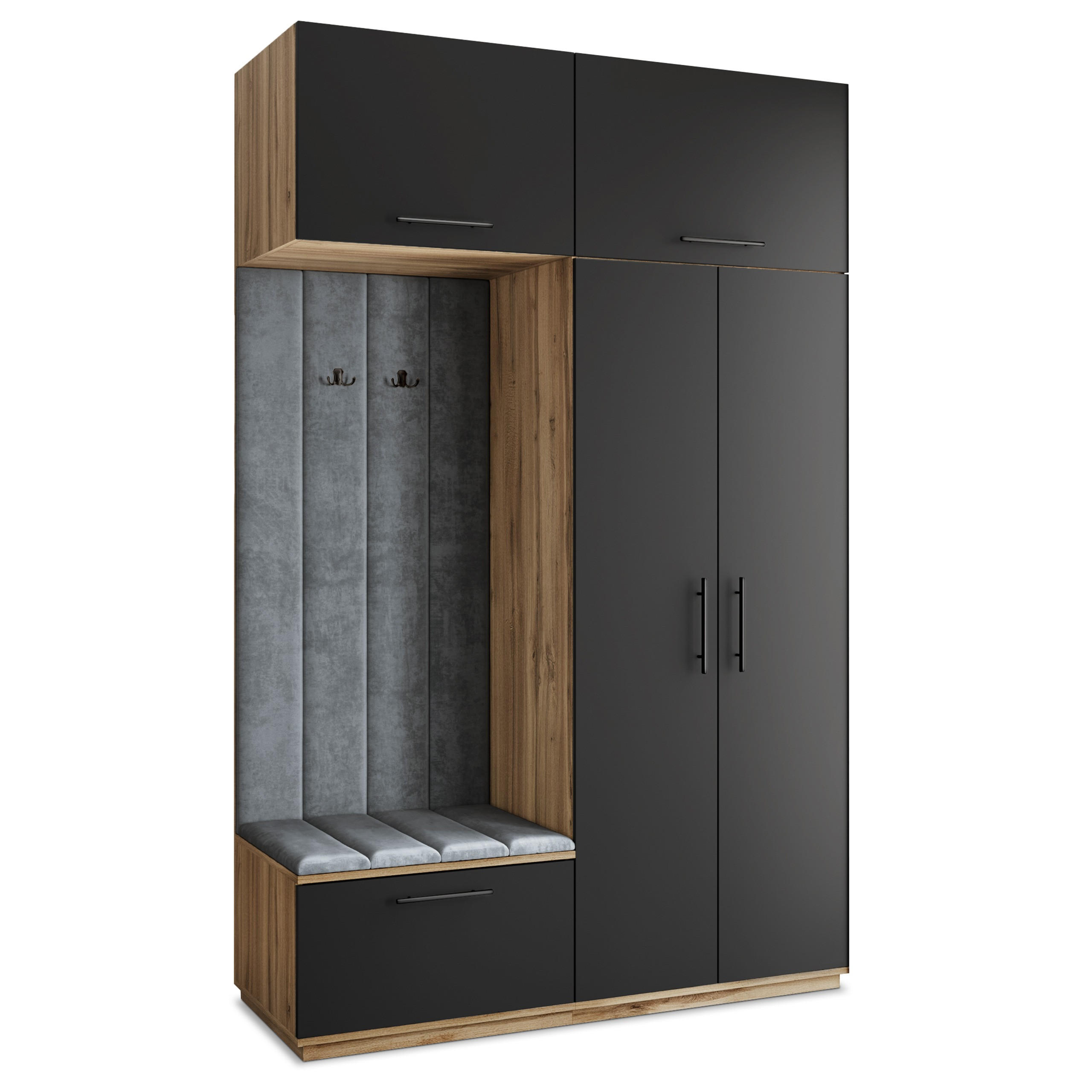 Masseno Garderobenschrank Eiche Wotan, Schwarz, Grau 150x240x60 cm