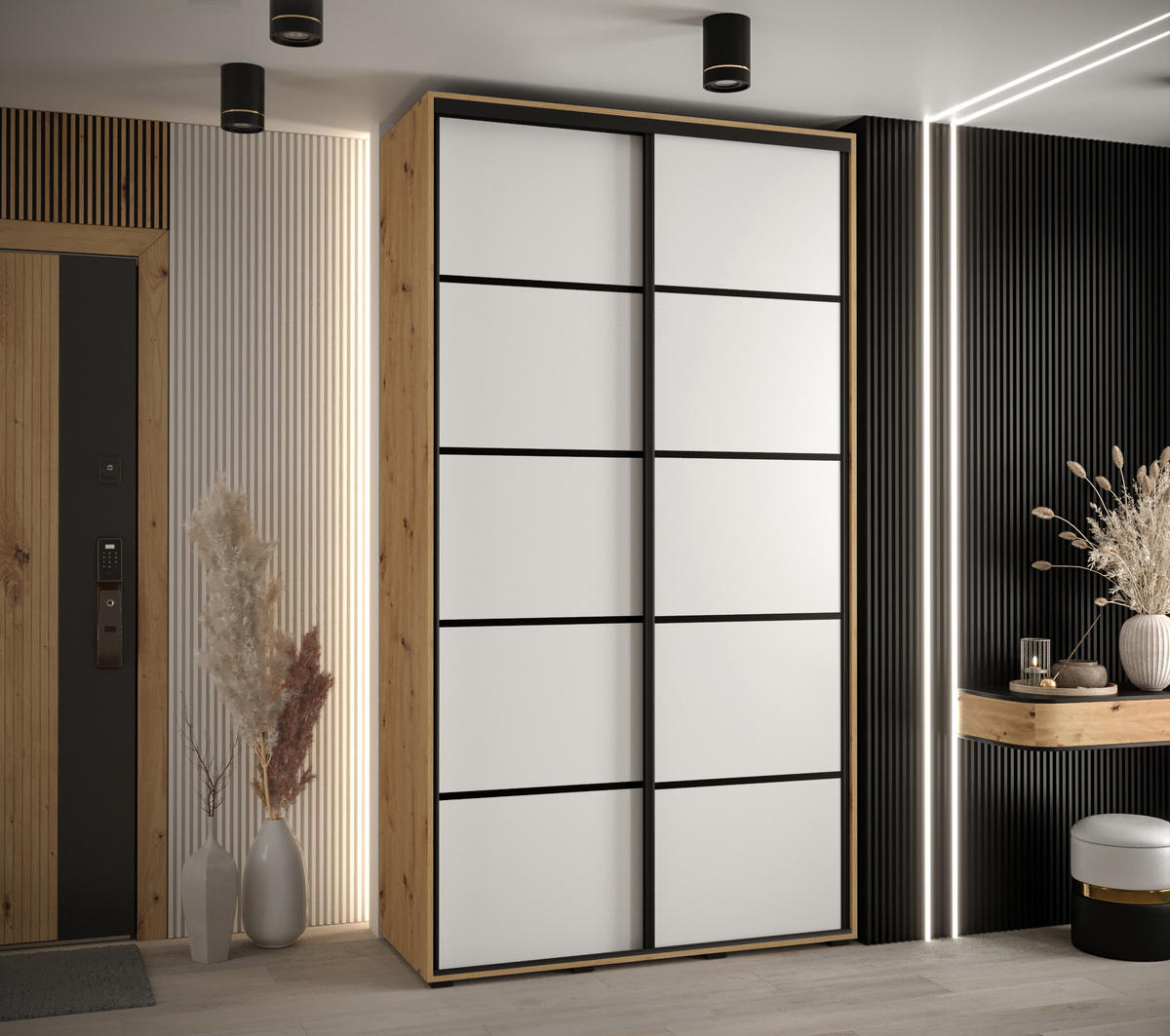 SCHWEBETÜRENSCHRANK 235,2/130/60 2-türig - Schwarz/Weiß, Holz/Metall (130/235/60cm) - Abiks Möbel