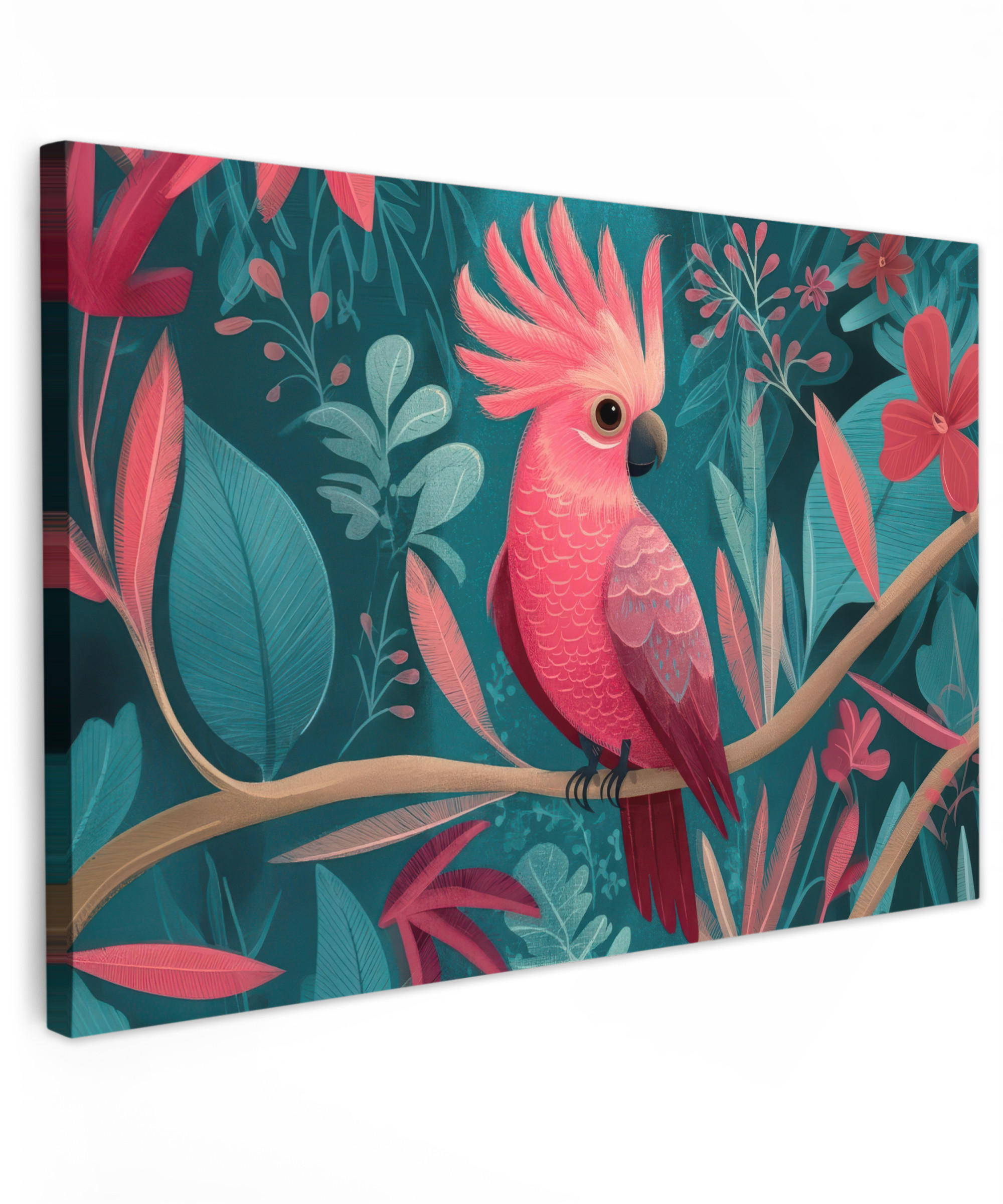 LEINWANDBILD Kakadu - Tropische Blätter - Zweig XXL 150x100 cm - Petrol, Textil (150/100cm) - MuchoWow