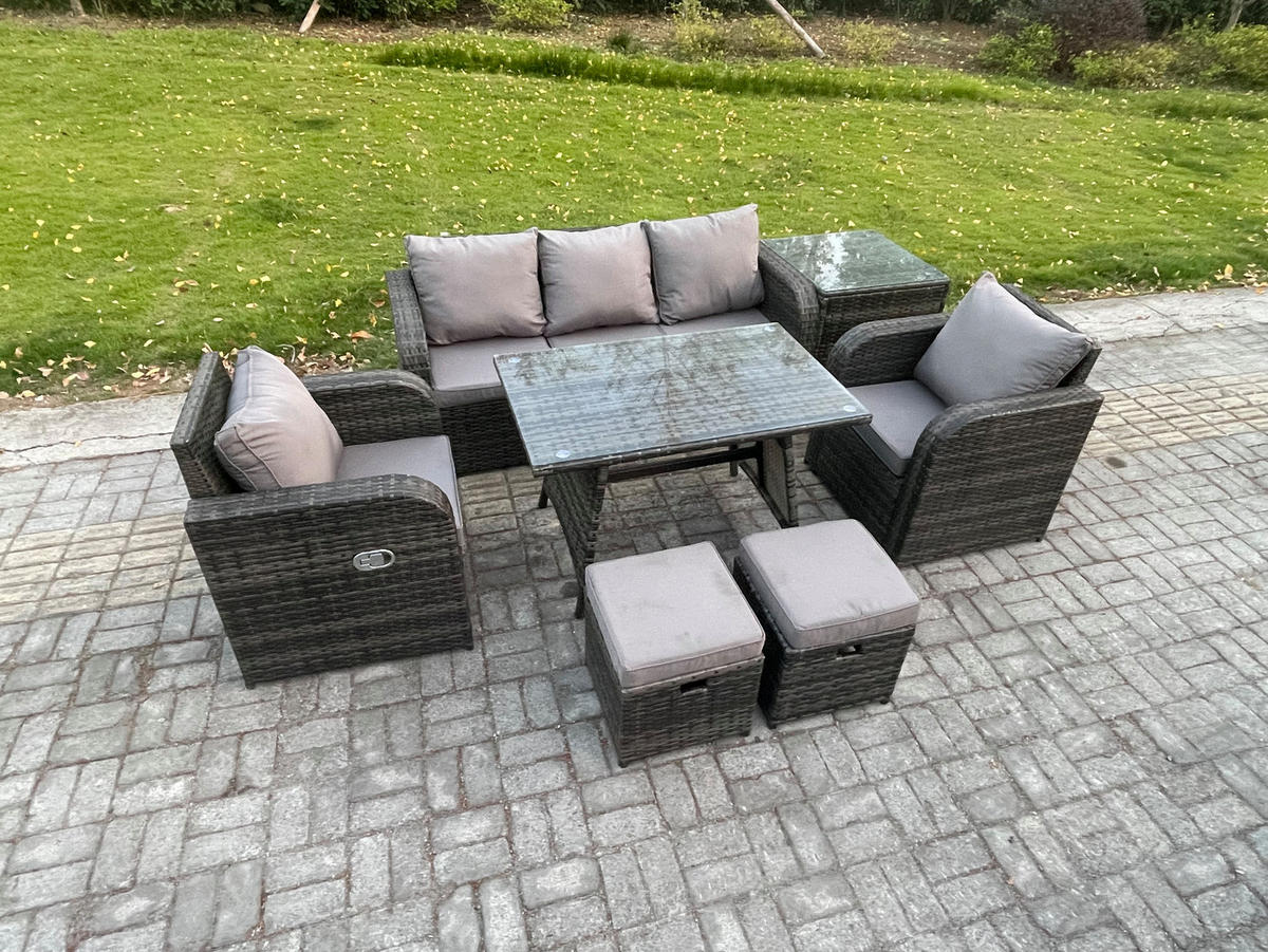 GARTENMÖBEL SET mit COUCHTISCH Polyrattan Dunkelgrau 7-Sitzer - Dunkelgrau/Grau, Glas/Kunststoff - Fimous