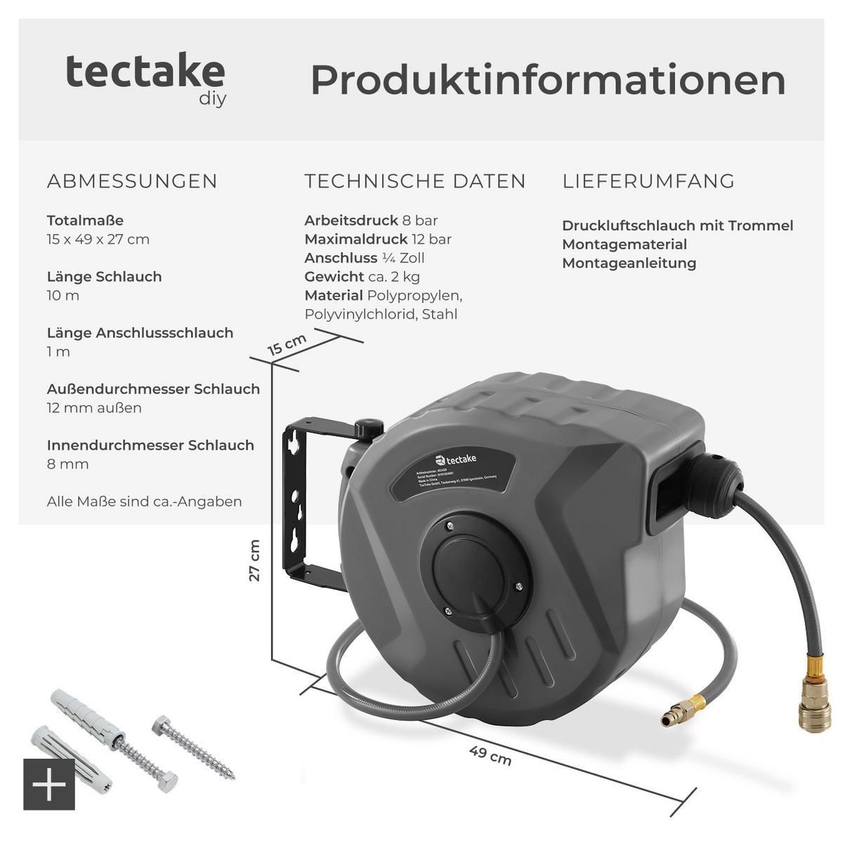 DRUCKLUFTSCHLAUCH mit Trommel, inklusive Montagematerial,grau - Grau, Textil (15/27/49cm) - tectake