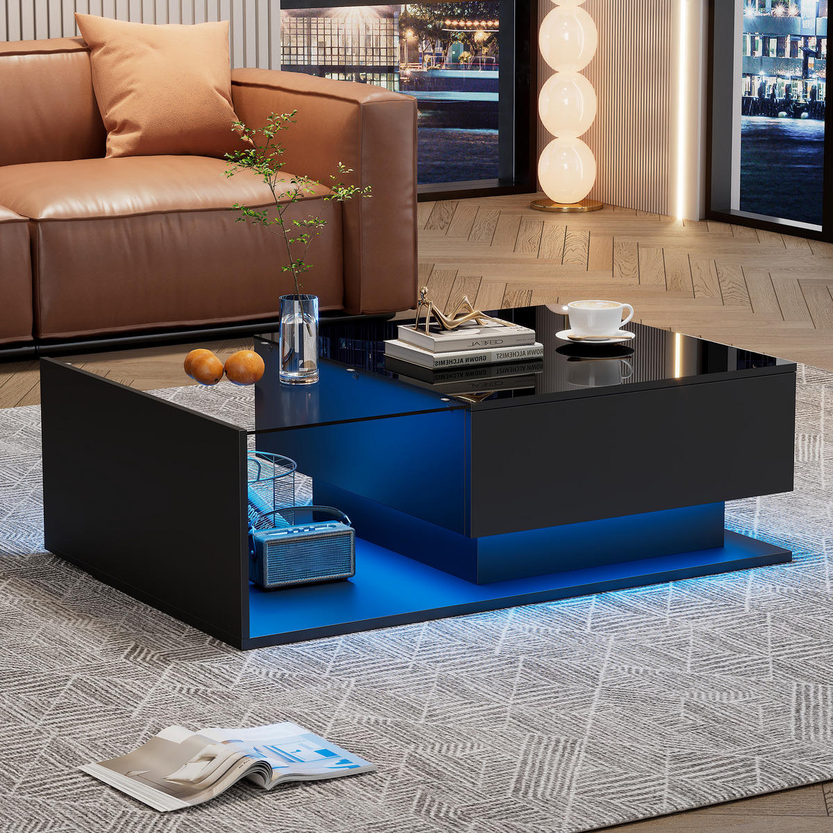 COUCHTISCH 100/50/32 cm schwarz mit Glasplatte und LED-Beleuchtung - Schwarz, Holzwerkstoff (100/50/32cm) - OKWISH