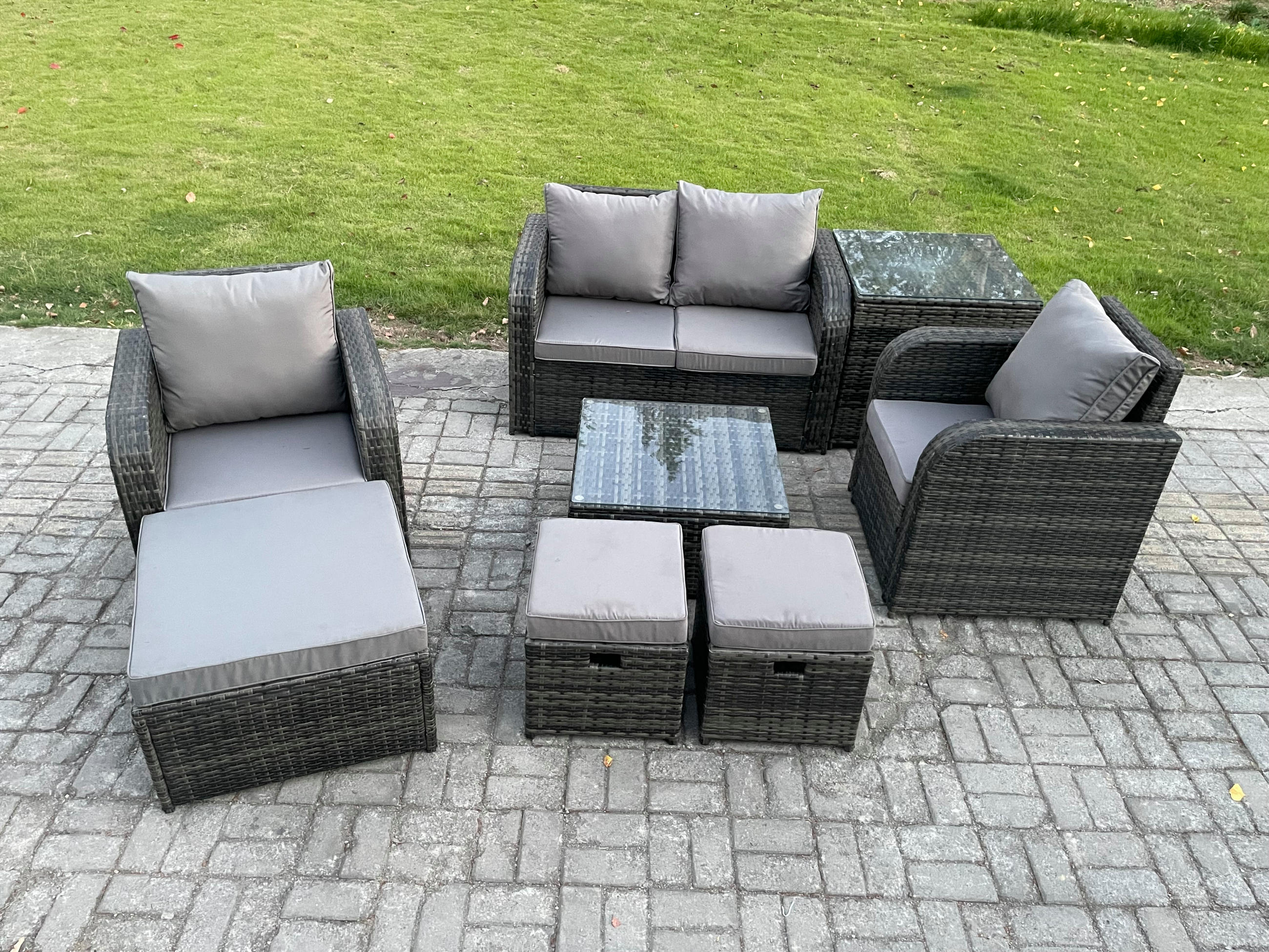 LOUNGESOFA-SET Polyrattan Dunkelgrau 7-Sitzer - Dunkelgrau, Metall - Fimous