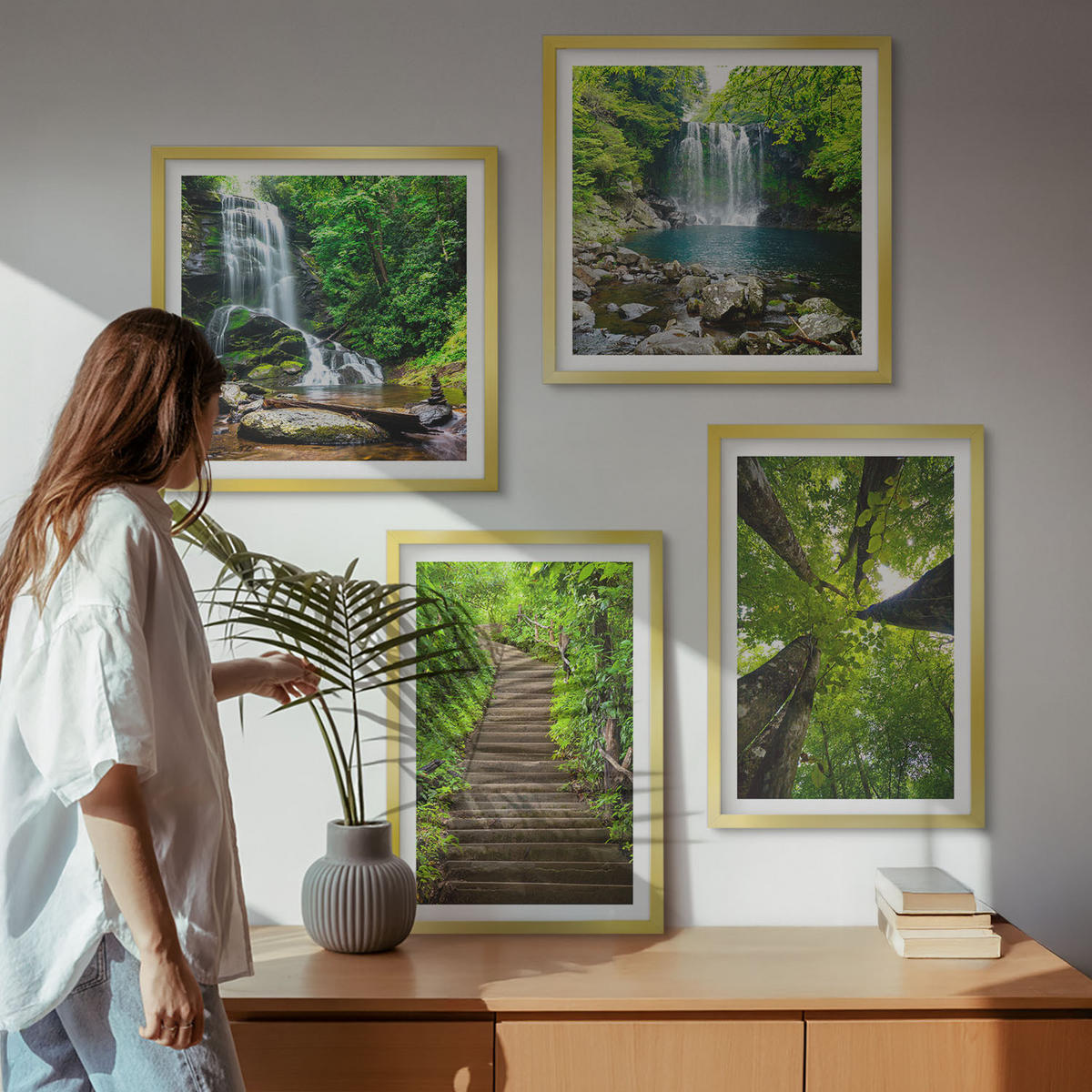 WANDBILDER 4er Set - 50x50 cm & 40x60 cm Goldrahmen - Pfad Wald Wasserfall Vegetation - Goldfarben, Kunststoff (50/50cm) - ArtPrintCave