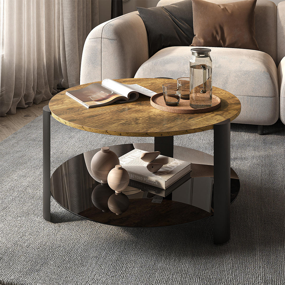 COUCHTISCH Navo, Eiche rustikal/Schwarz, 80 x 80 cm - Wildeiche/Schwarz, Holzwerkstoff (80/80/43.5cm) - Vicco