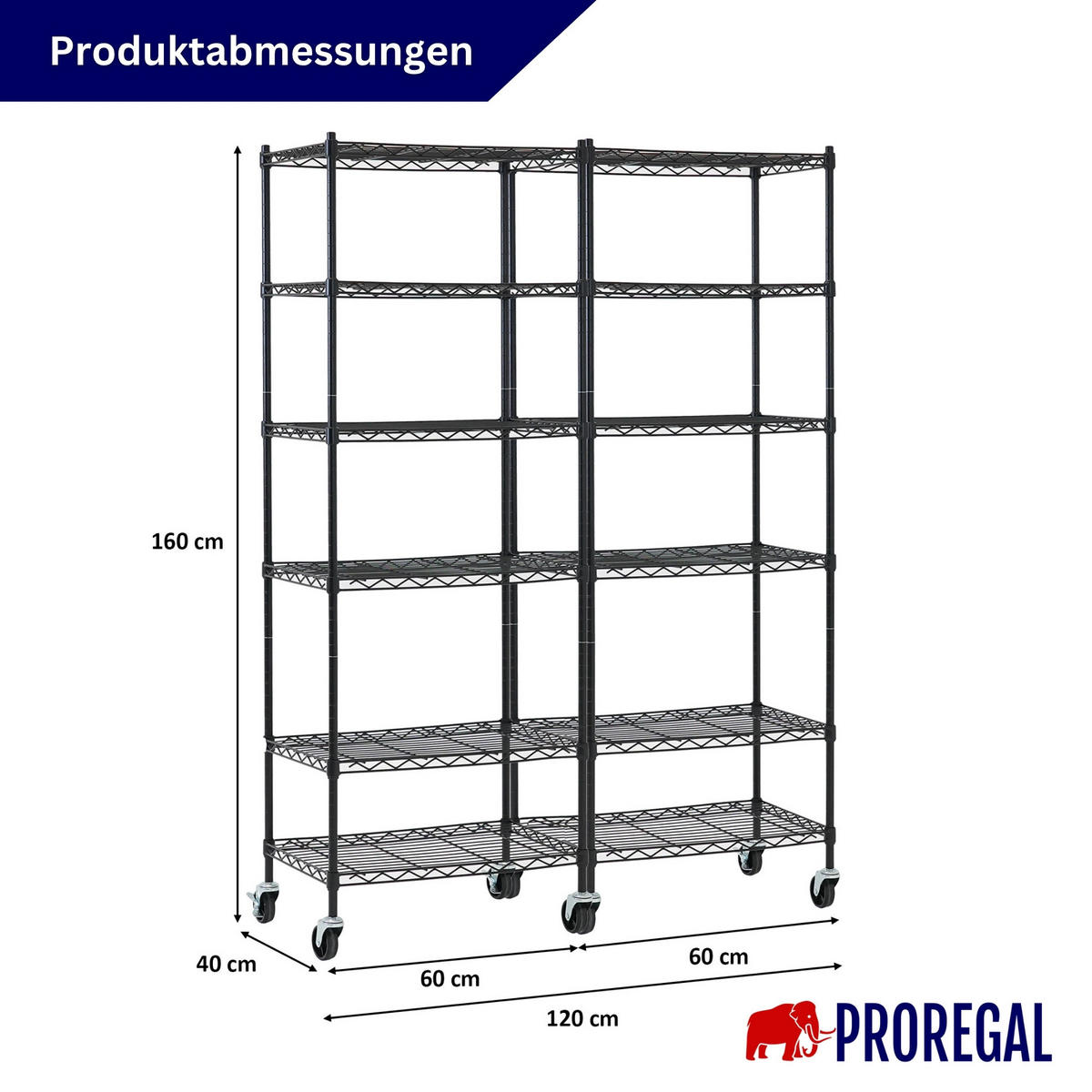 GITTERREGAL 2er - Set HADES mit Rollen & 6 Gitterböden Metall 160x60x40cm Schwarz - Schwarz, Metall (60/160/40cm) - PROREGAL