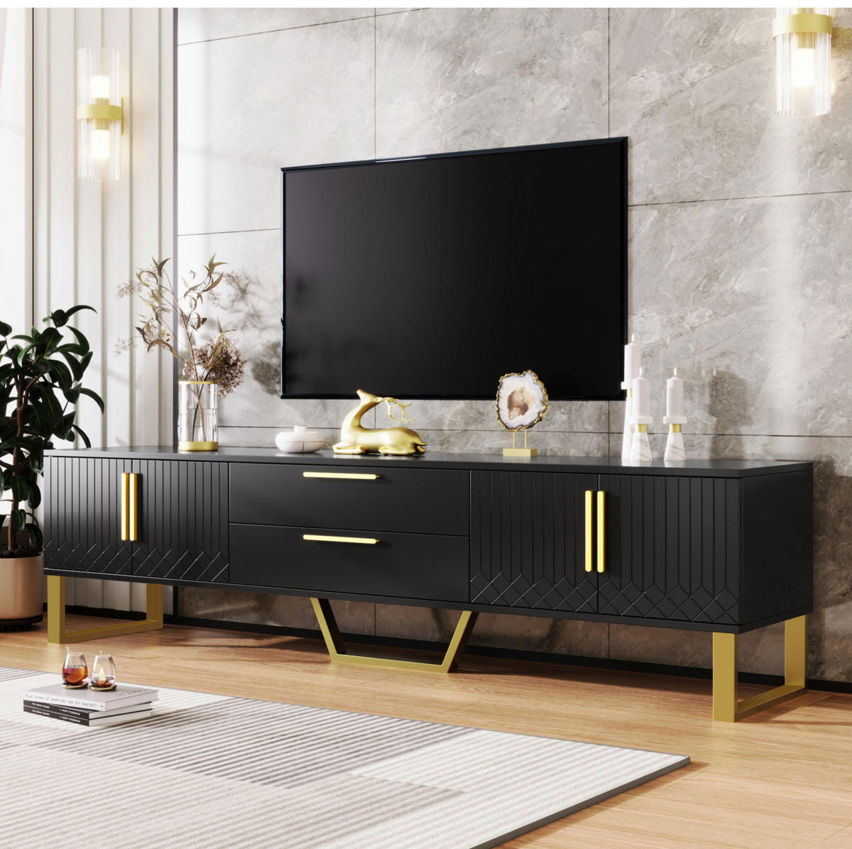 TV-SCHRANK aus MDF 170x40x53,5 cm Schwarz-Gold mit Hochglanzoberfläche, 4 Türen und 2 Schubladen - Schwarz, Holzwerkstoff (170/53.5/40cm) - IVMEU