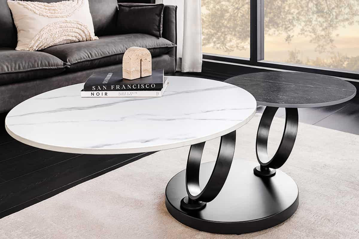 COUCHTISCH DANCING RINGS Marmor rund Grau|Weiß 80cm - Schwarz/Weiß, Keramik/Metall (80/80/44cm) - riess-ambiente