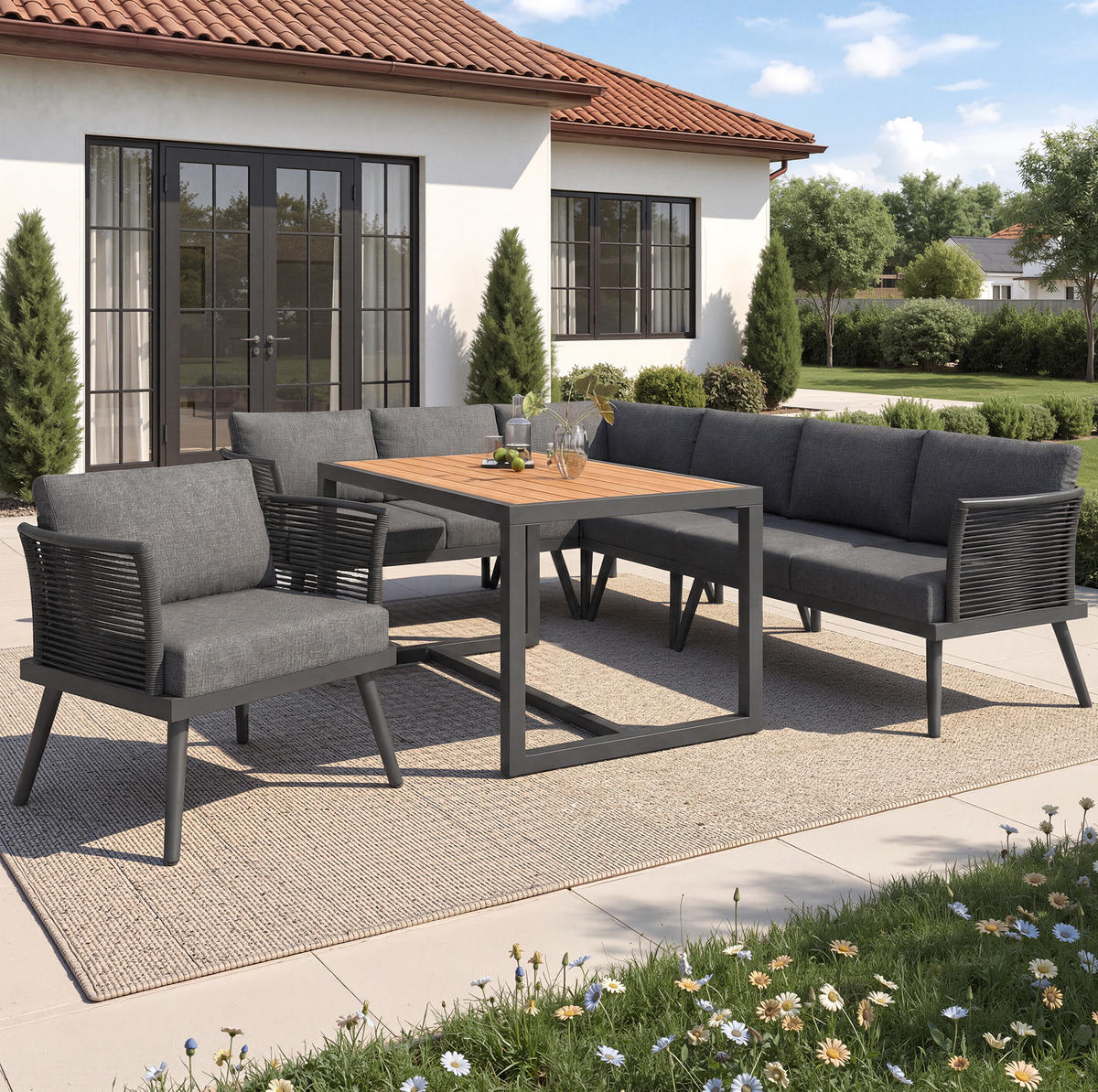 GARTENSETS aus Eisen Grau mit Couchtisch & abziehbaren Bezügen - Grau, Metall - Modfu