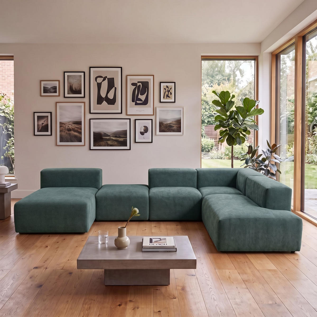 5-SITZER modulares Wohnlandschaft U XXL HEAVEN SET 6 Rechts, Breite 375 cm Webstoff Dunkelgrün - Dunkelgrün/Schwarz, Holz/Kunststoff (245/73/375cm) - Muffo
