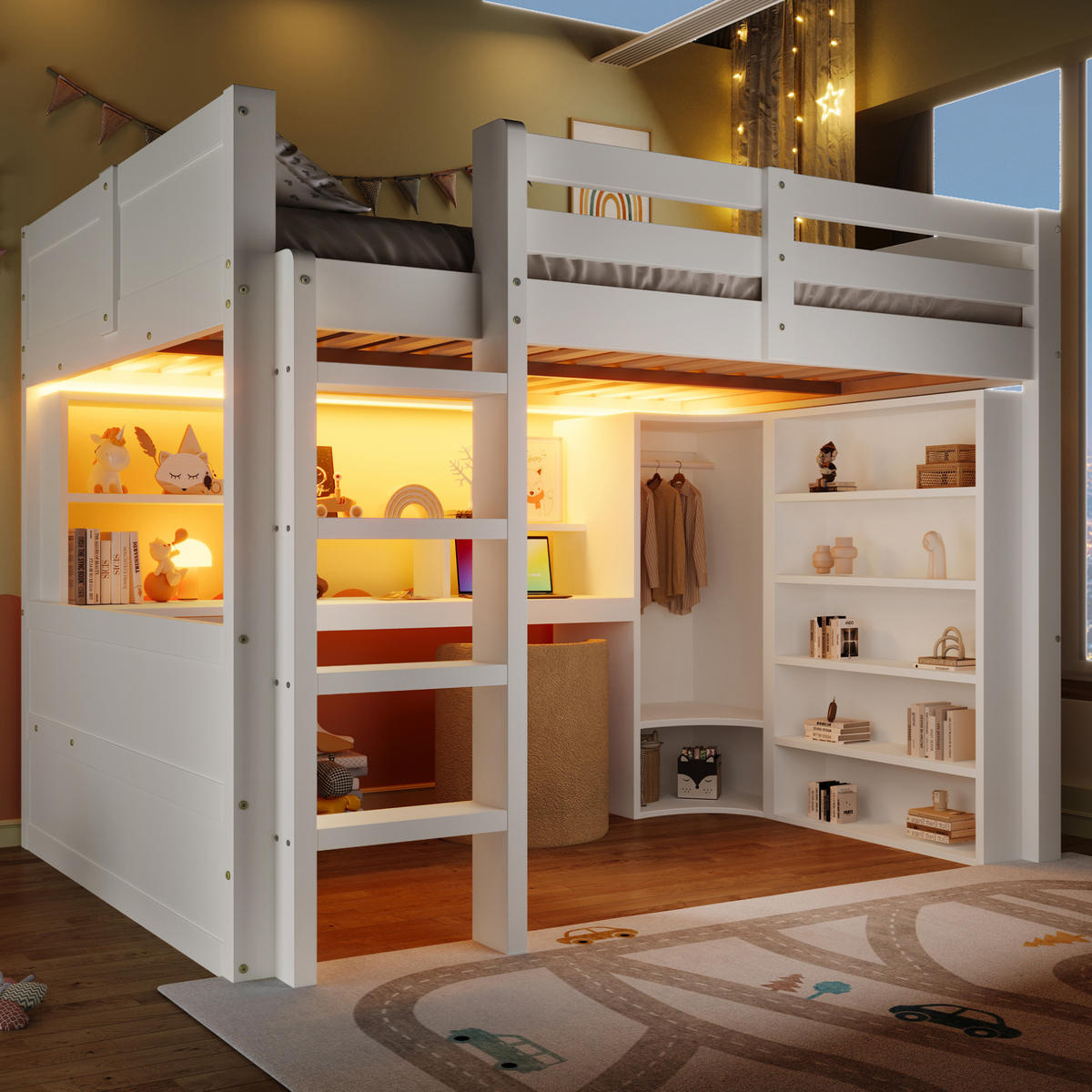 HOCHBETT mit LED-Leuchtleiste, Schreibtisch und Kleiderschrank, 140/200 cm, Weiß - Weiß, Holz (140/200cm) - MIVRAY