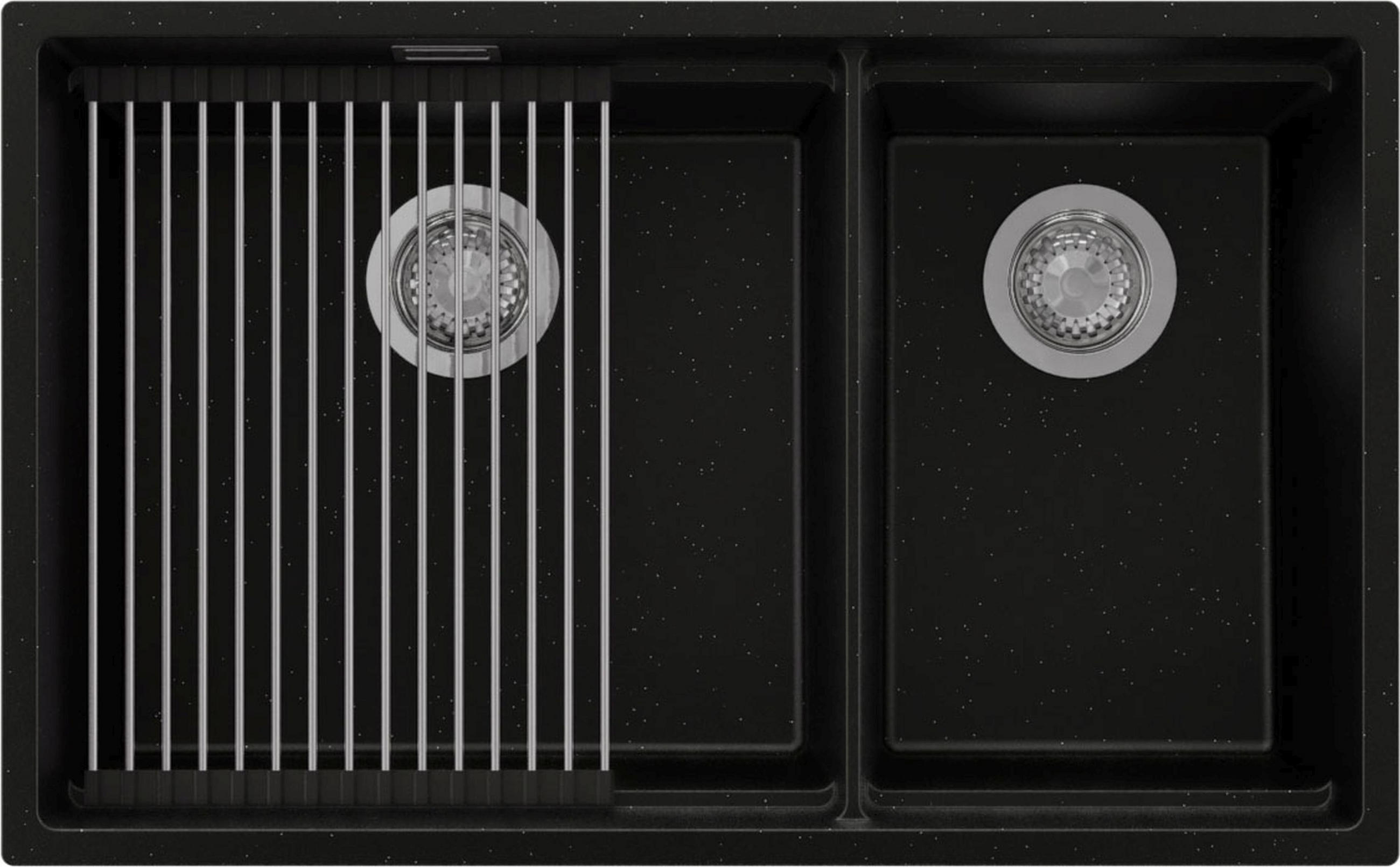 SPÜLBECKEN Praga Slim Duo, 2-er set Schwarz Metallic 76/47 cm 2 Becken + Ablauf-Set + Aufrollbare Abtropffläche ab 80er Unterschrank - Chromfarben/Schwarz Hochglanz, Kunststoff (76/20/47cm) - Primagran