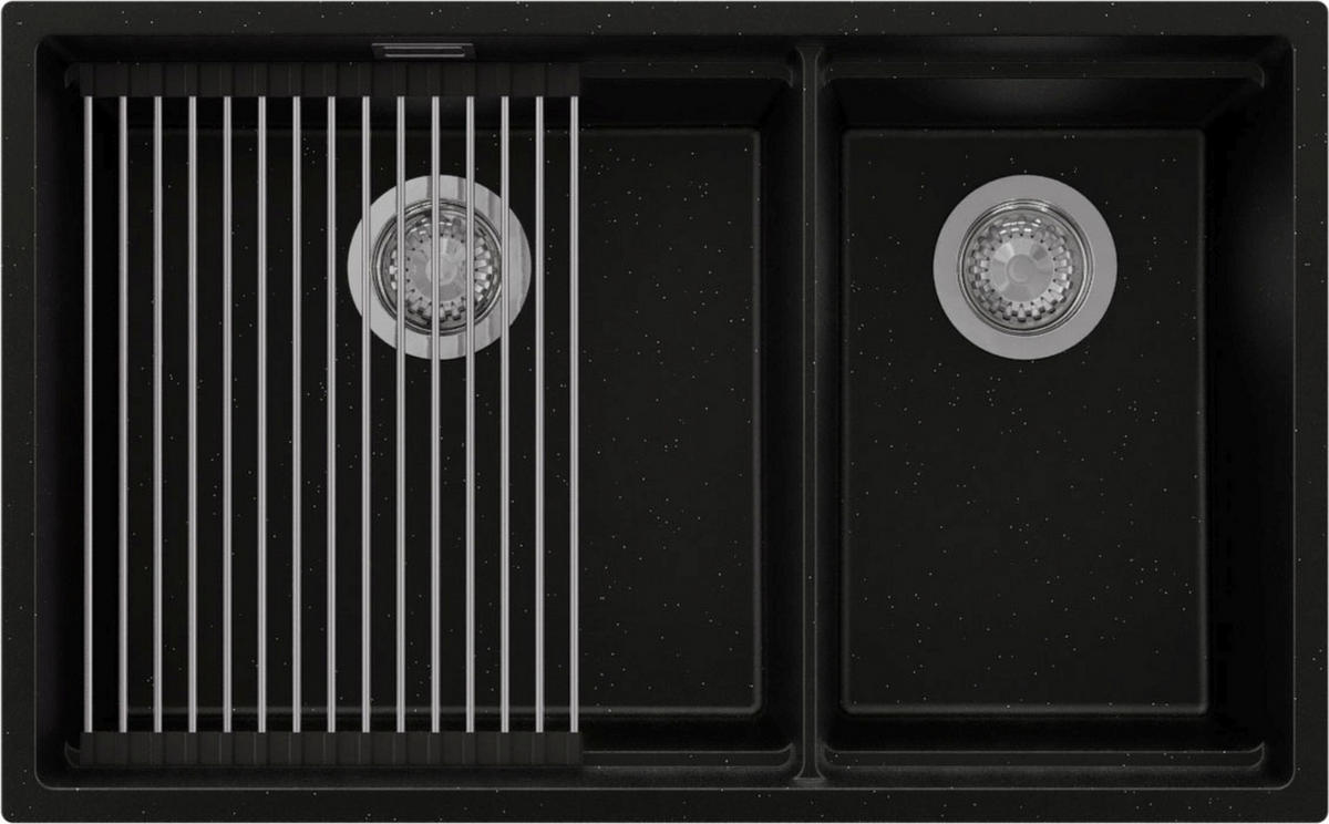 SPÜLBECKEN Praga Slim Duo, 2-er set Schwarz Metallic 76/47 cm 2 Becken + Ablauf-Set + Aufrollbare Abtropffläche ab 80er Unterschrank - Chromfarben/Schwarz Hochglanz, Kunststoff (76/20/47cm) - Primagran