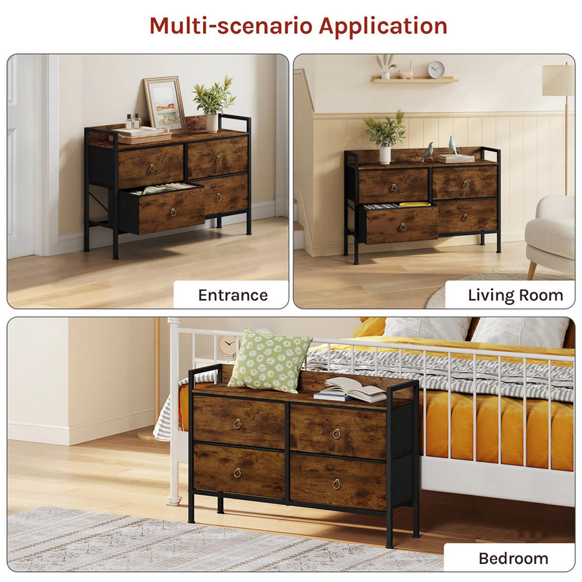 KOMMODE Stoff 4 Schubladen Sideboard 100x69x29 cm - Braun, Metall (100/69/29cm) - Kaket