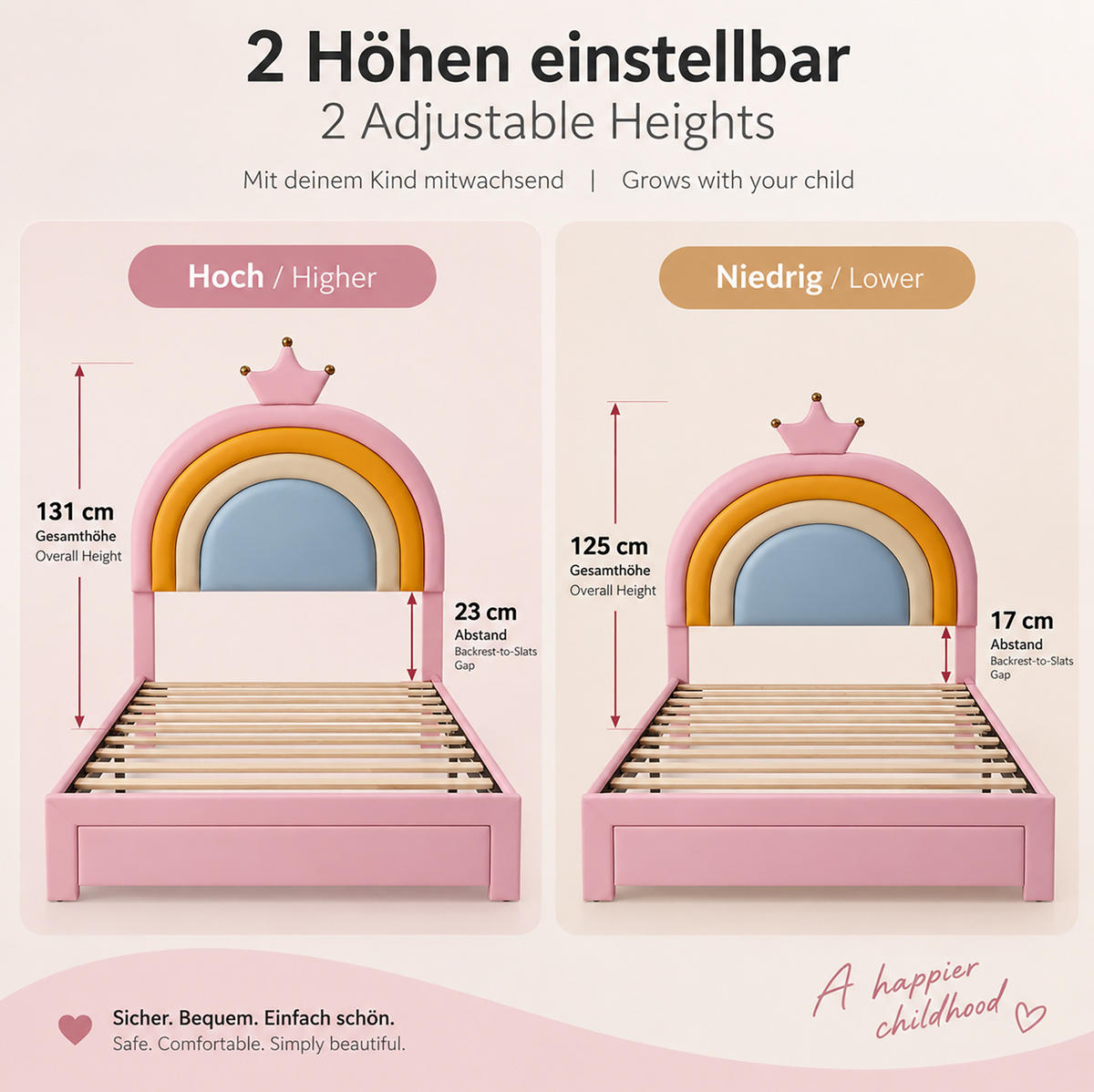 KINDER-POLSTERBETT aus PU 90x200 cm Rosa mit höhenverstellbarem Regenbogen-Kopfteil und Schublade - Pink, Kunststoff (90/200cm) - IVMEU