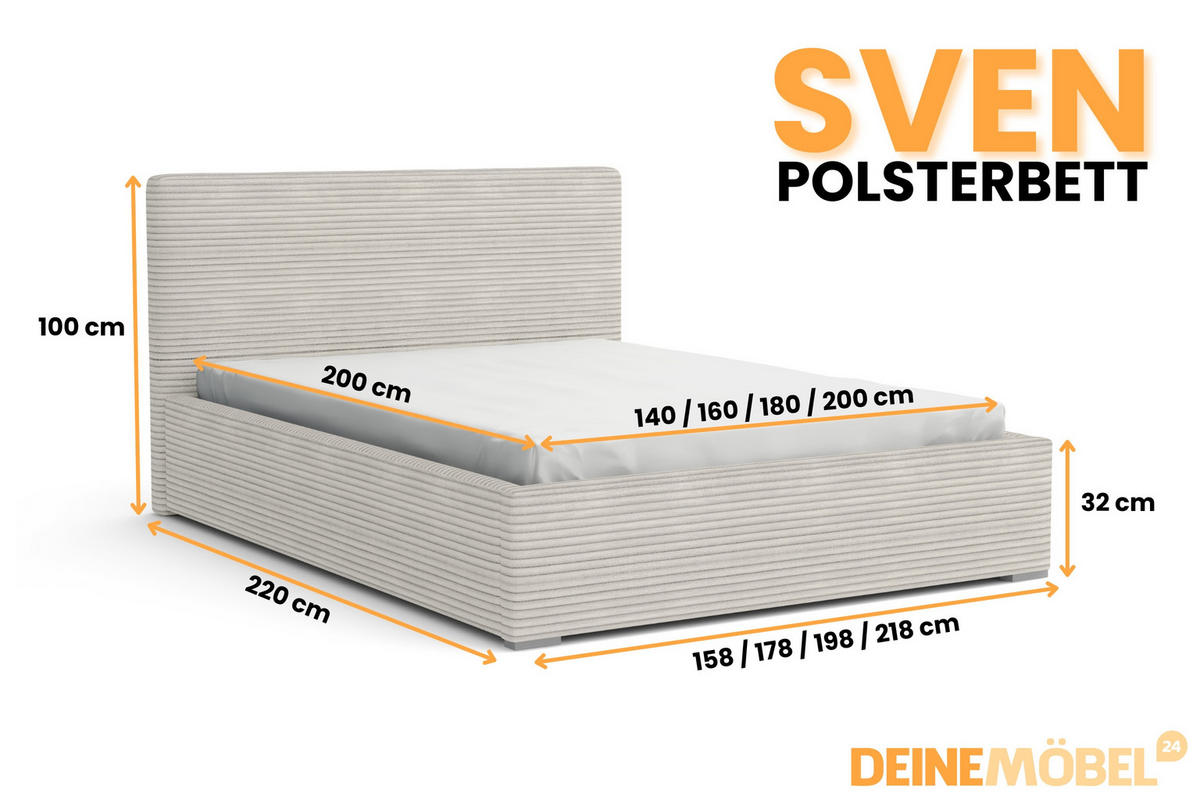 POLSTERBETT SVEN 200/200 in Cord Ecru - Ecru, Holz/Holzwerkstoff (200/200cm) - Deine Möbel 24