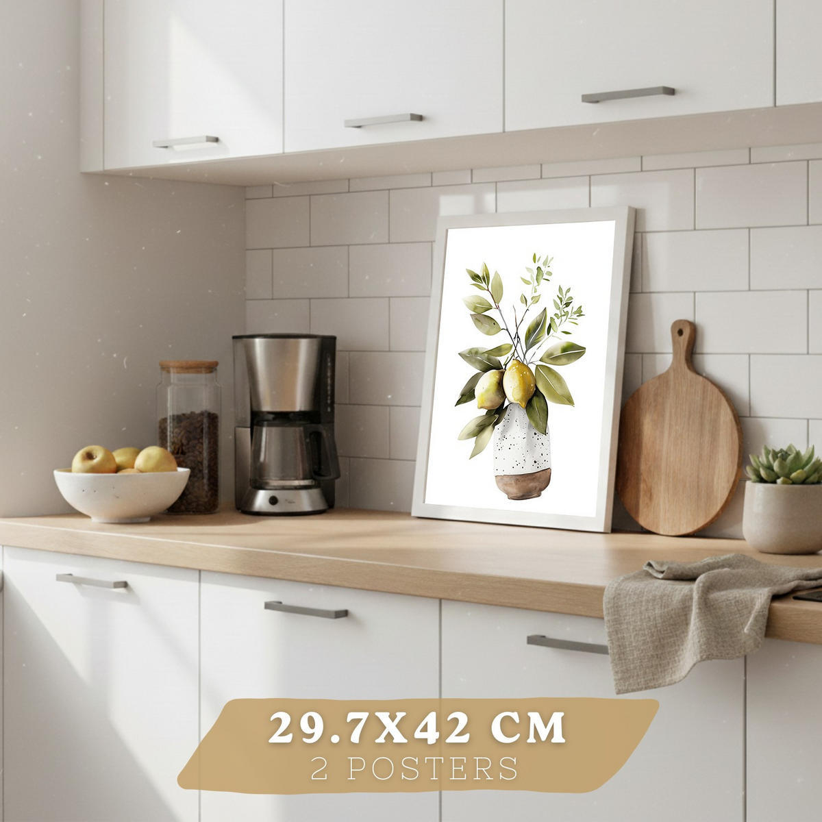 POSTER 4er Set Mediterrane Küchen-Wandbilder Zitronen Knoblauch Oliven Kräuter Aquarell Esszimmer Deko Weißer Rahmen A3 - Weiß, Papier (29.7/1/42cm) - Nacnic