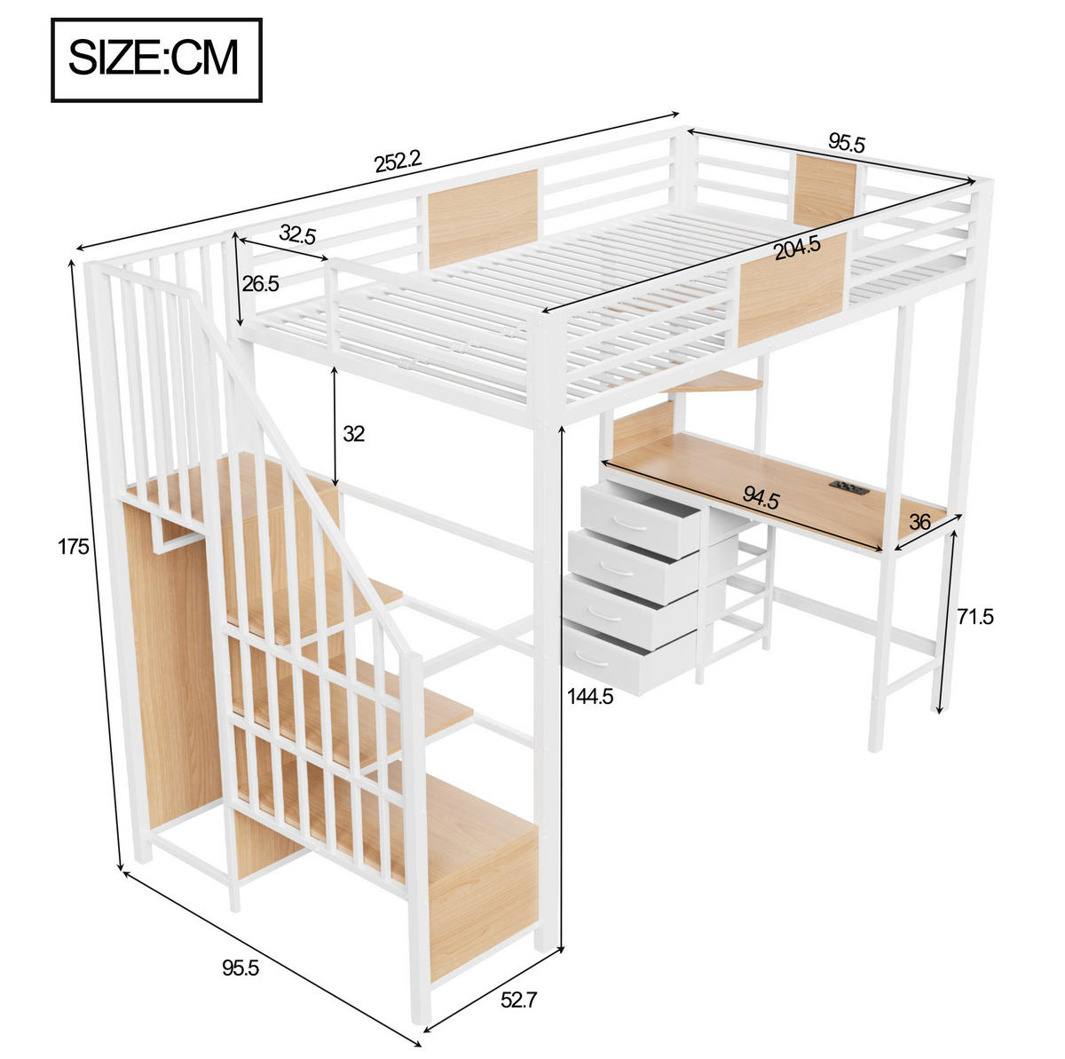 HOCHBETT 90/200 cm mit Schreibtisch, LED und Metallgestell - Weiß, Metall (90/200cm) - MIVRAY