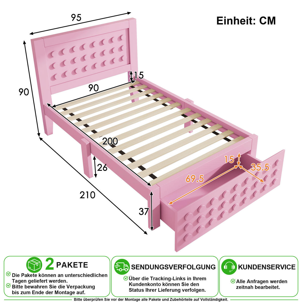 JUGENDBETT 90/200 cm in Rosa mit Schublade und Stauraum aus Holz - Rosa, Holz/Holzwerkstoff (90/200cm) - CHICFURN