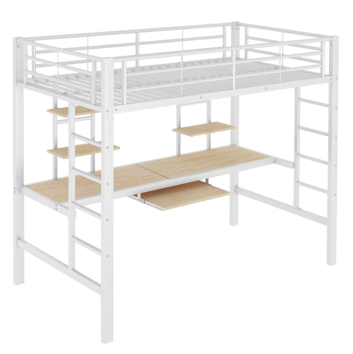 HOCHBETT mit Schreibtisch 90/200 cm in Weiß – mit Regalen, Leiter und Rausfallschutz - Weiß, Metall (90/200cm) - BEAOK