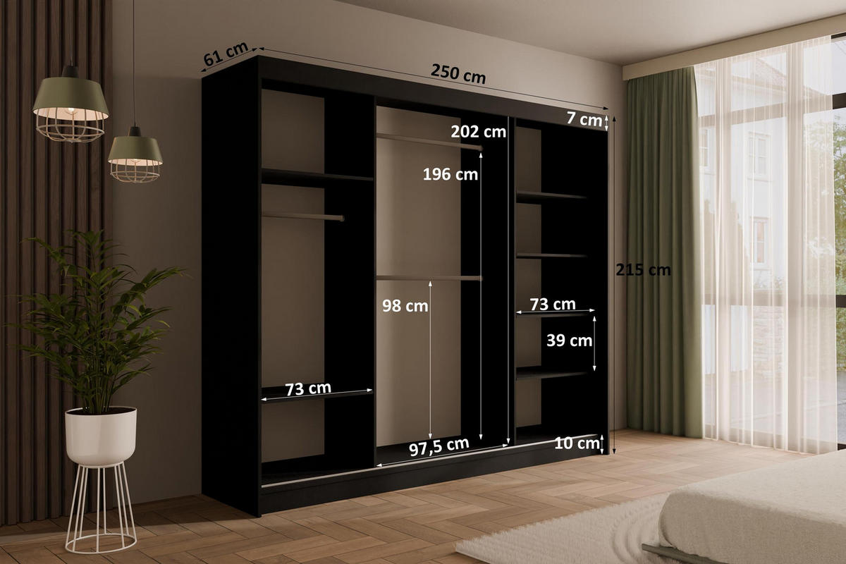 KLEIDERSCHRANK PAOKI - 250 cm - Schwarz - Schwarz, Holzwerkstoff (250/215/61cm) - ALTDECOR