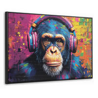 LEINWAND Bilder mit Rahmen - Graffiti - Schimpanse - Straßenkunst - Kopfhörer - Affe - 120x80 - Blau, Textil (120/80cm) - MuchoWow