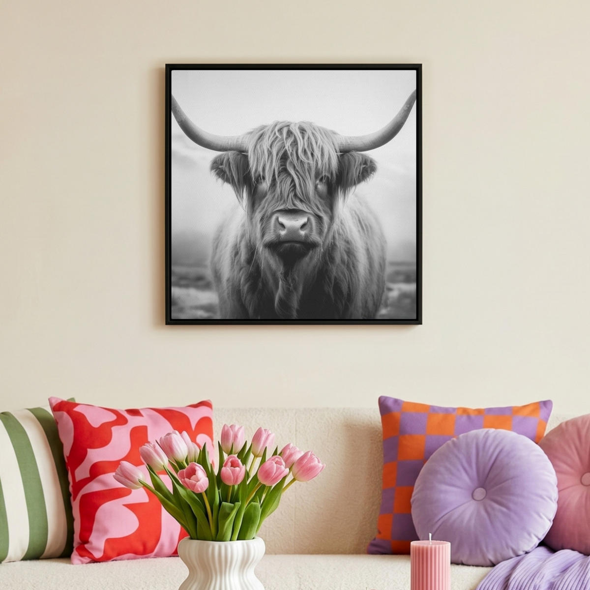 LEINWAND Bilder mit Rahmen - Schottischer Highlander - Nebel - Schwarz - Weiß - 50x50 - Grau, Textil (50/50cm) - MuchoWow