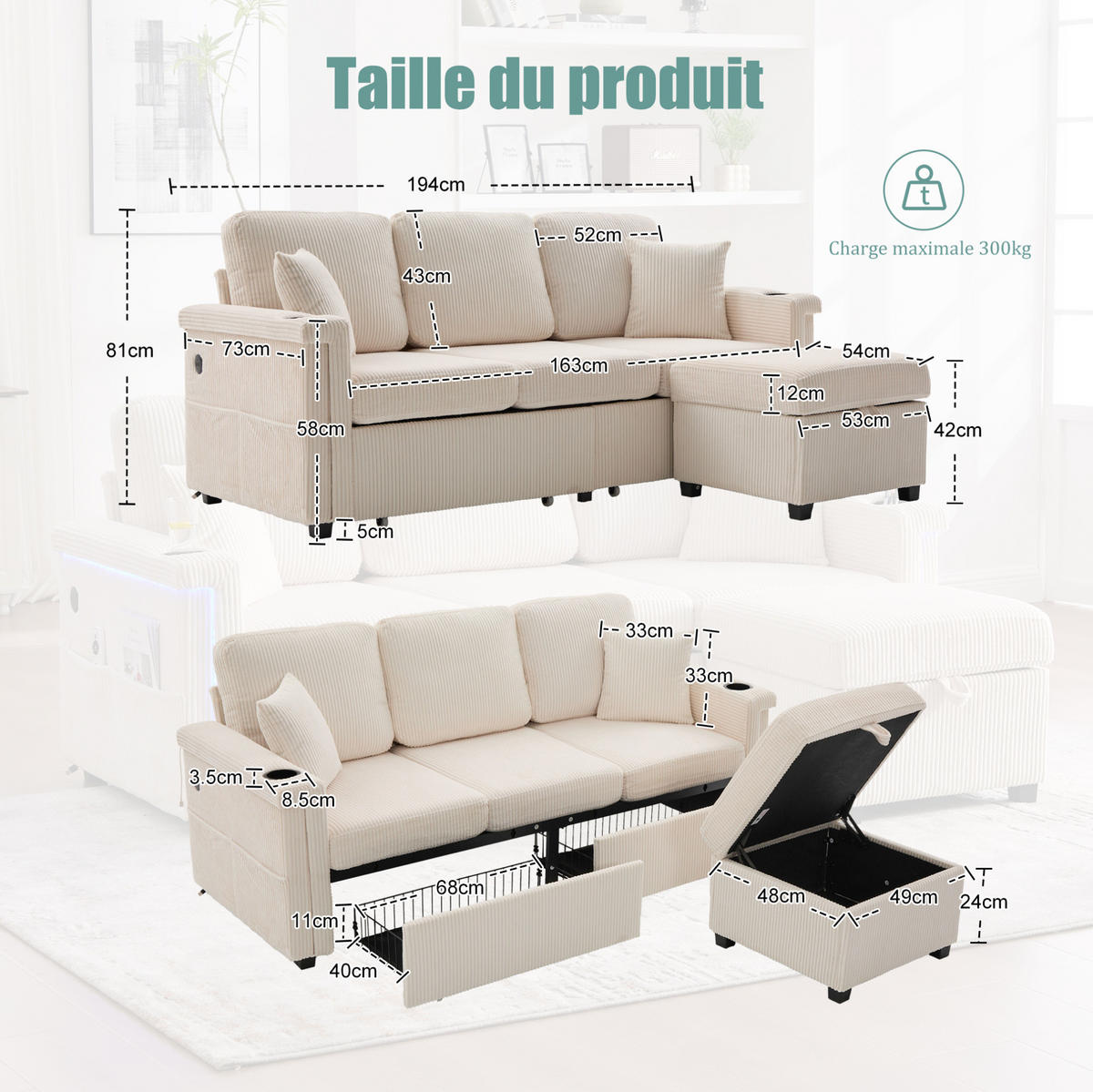 ECKSOFA aus Cord 194x73x81 cm Beige mit LED-Beleuchtung, USB-C-Anschluss, Seitentaschen und 2 Schubladen - Beige, Textil (194/73cm) - Modfu