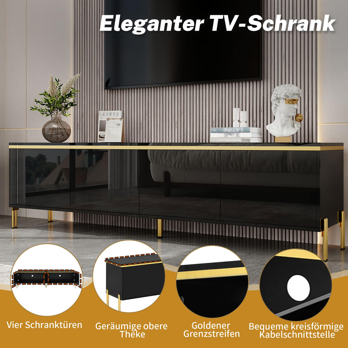 TV-STÄNDER Hochglanz 4 Türen Stauraum Kabelschnittstelle Goldkante - Schwarz, Holzwerkstoff (38/50/170cm) - FLIEKS