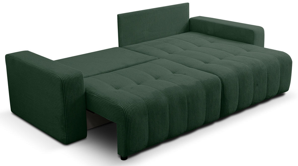 ECKSOFA Palermo mit Schlaffunktion und Bettkasten in Cordstoff - Dunkelgrün/Grün, Holz/Holzwerkstoff (245/143cm) - Ravio