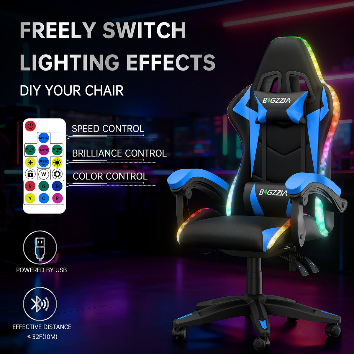 GAMINGSTUHL Schwarz-Blau,mit Led,Leder, Metall - Blau, Leder (29/59/79cm) - Rattrix