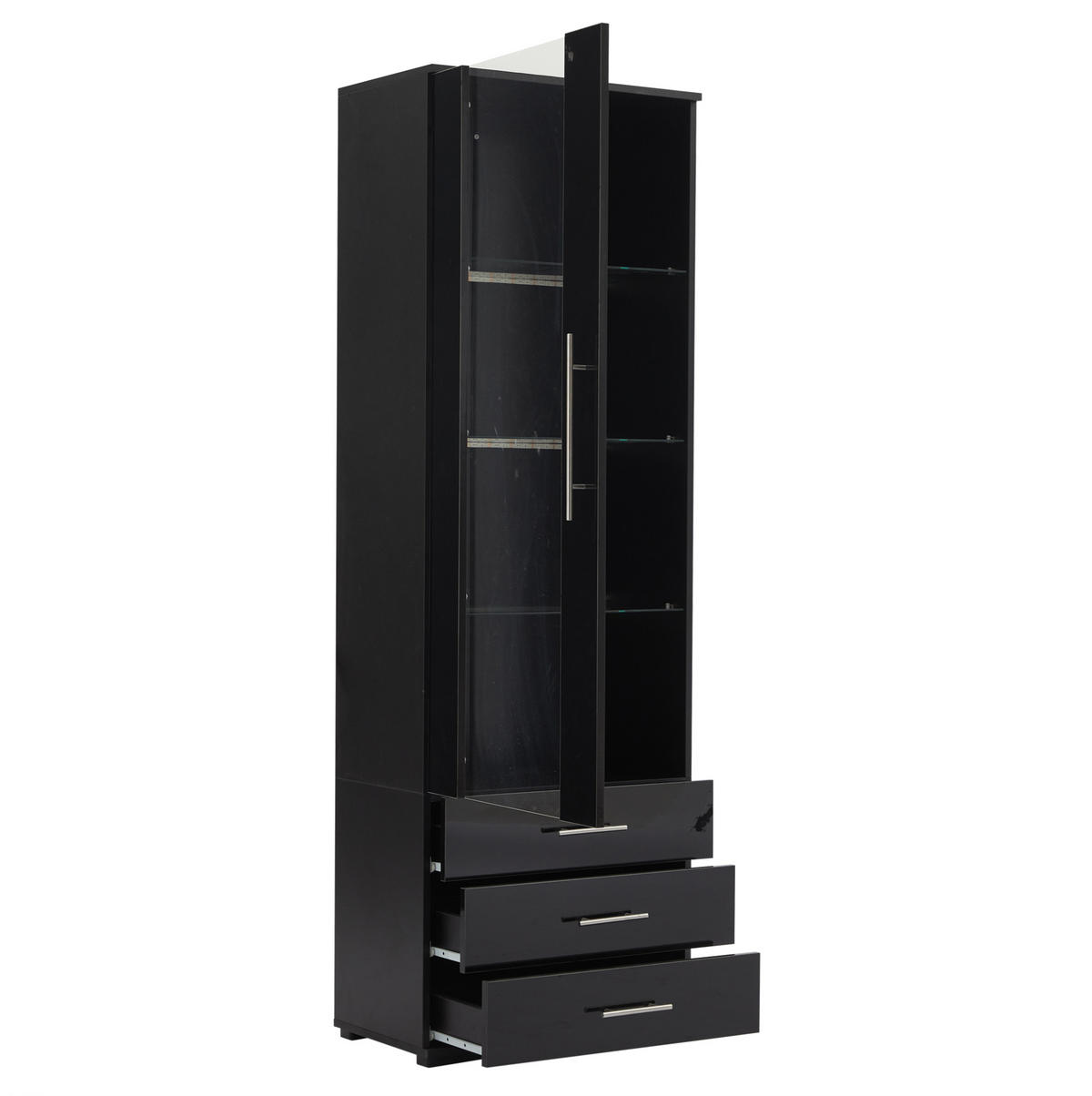 VITRINE aus MDF 60x35x180 cm Schwarz mit LED-Beleuchtung, Hochglanzfront und 3 Schubladen - Schwarz, Holzwerkstoff (60/180/35cm) - IVMEU