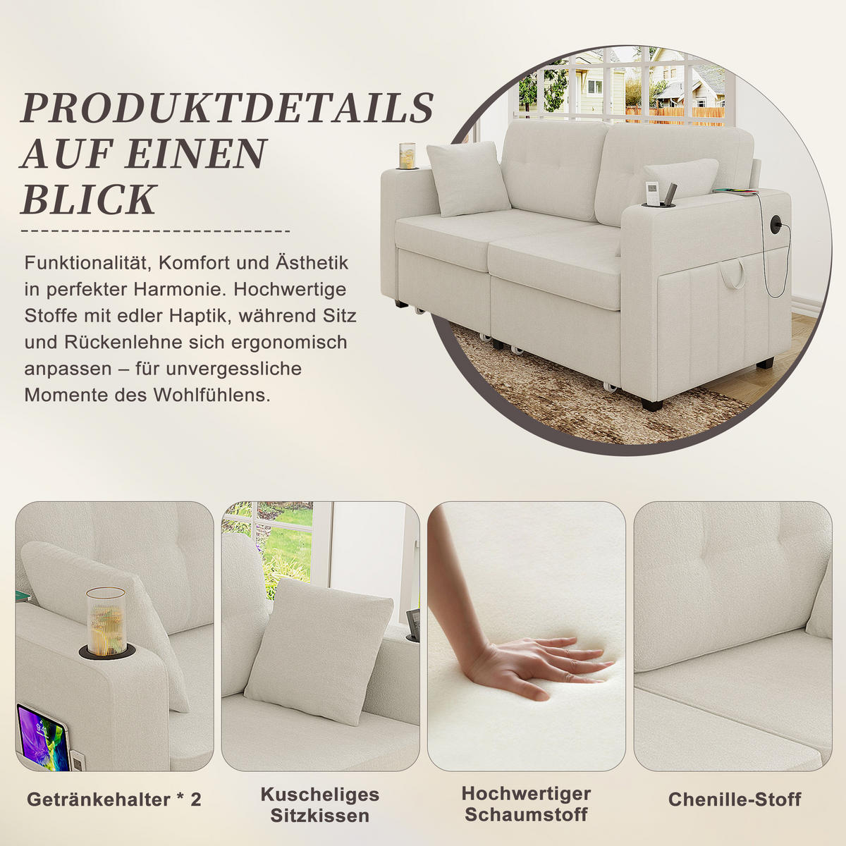 2-SITZER SOFA Chenille Beige mit 2 Stauraumschubladen, USB, Getränkehaltern und Seitentaschen - Beige, Textil/Metall (172/82/75cm) - WISHDOR