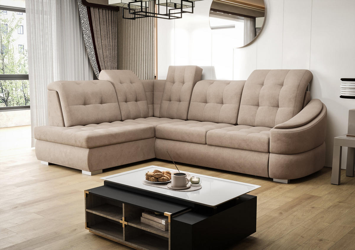 ECKSOFA KONGO RBN09, Eckcouch in L-Form mit Schlaffunktion, Farbe: Beige, Velourstoff, Ottomane Links - Beige, Textil (260/180cm) - O-Sofa