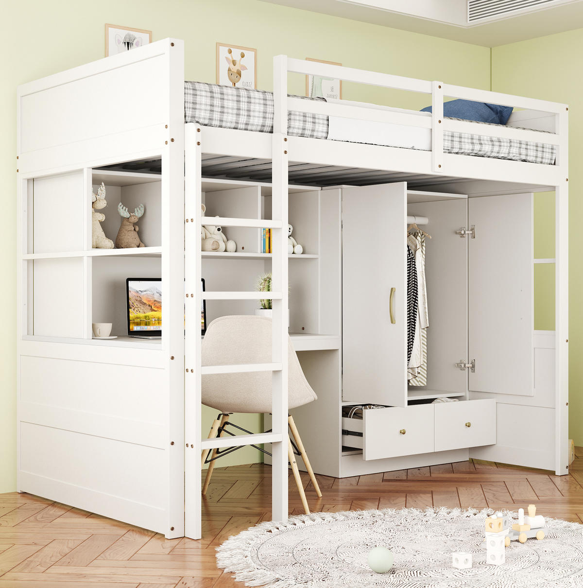 HOCHBETT 90/200 cm mit Leiter, Schreibtisch, Kleiderschrank und Schubladen aus Holzwerkstoff, Weiß - Weiß, Holzwerkstoff (90/200cm) - Redom