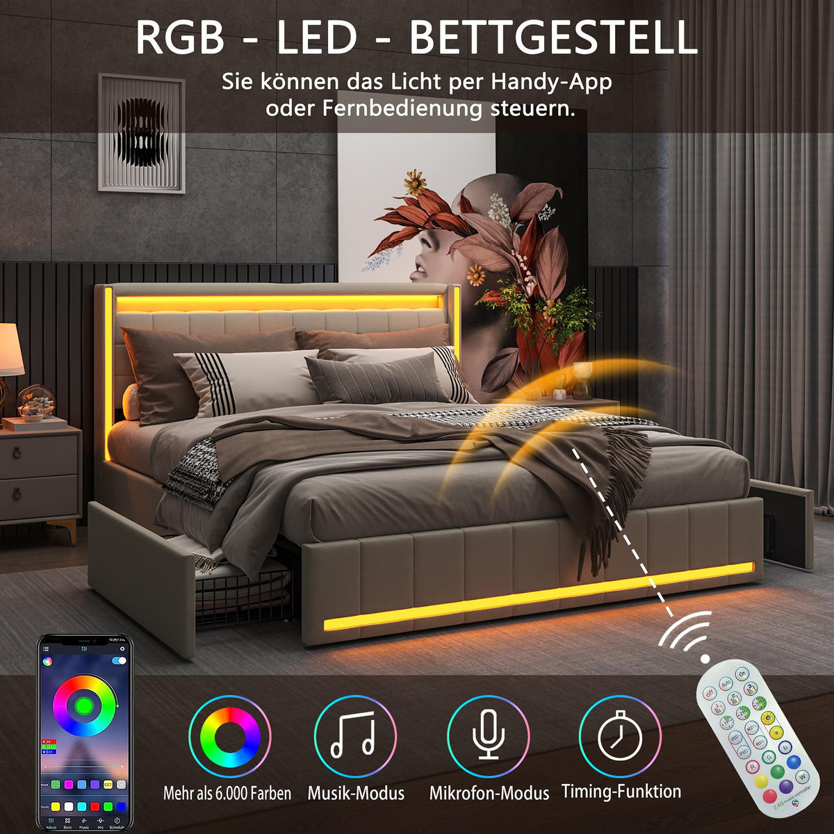 POLSTERBETT 180x200 cm Lumina Smart mit 3-Zonen RGB-LED, USB & USB-C, 4 Schubladen, Leinen-Optik, Beige - Beige, Textil (180/200cm) - DELFA